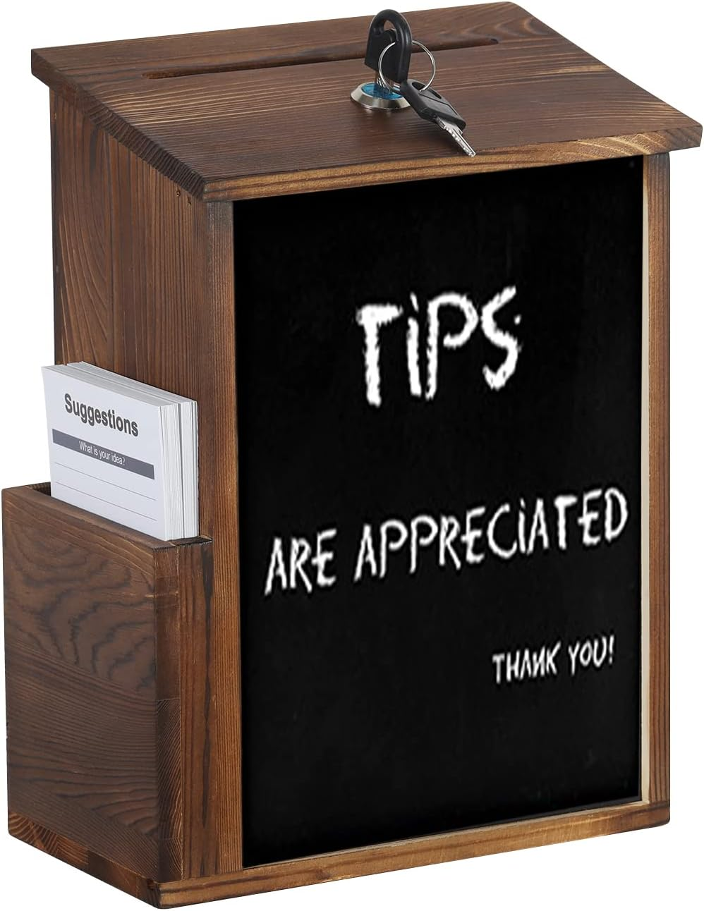 Lockable Suggestion Box: Wooden Charity Donation Boxes Wall Mounted Comment Ballot Box with Secure Lock Card Holder and Writing Blackboard image number 1
