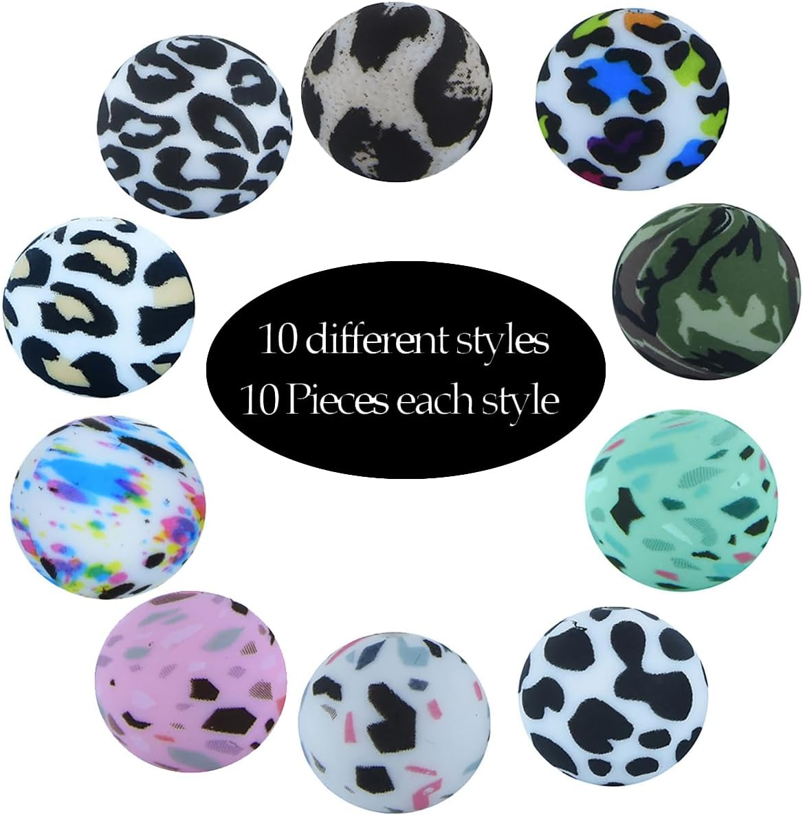 100 Pieces Silicone Beads, Betterjonny 10 Colors Loose Beads with Storage Box 15Mm Cow Leopard Print round Beads for Necklace Bracelet DIY Crafts