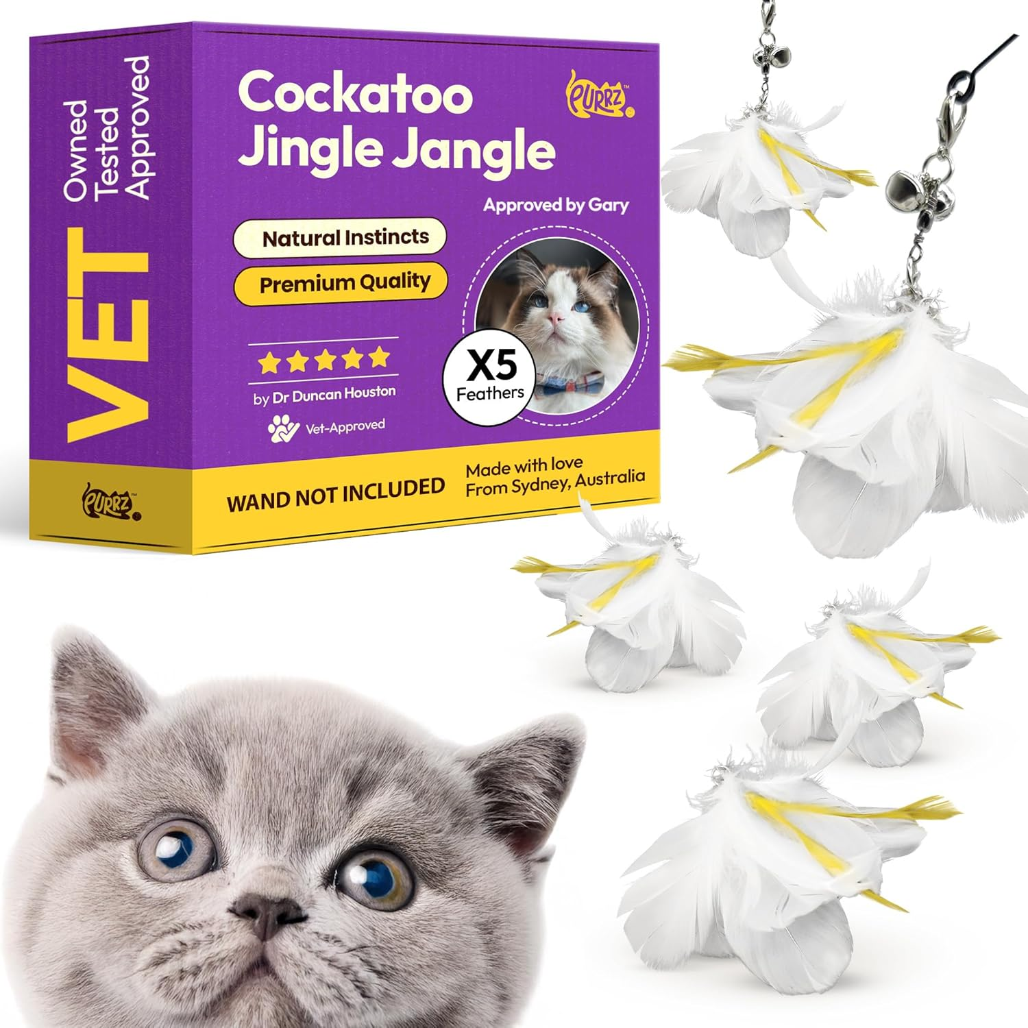 Cockatoo Wand Toy Set &ndash; Interactive Cat Wand with Wooden Handle & 6 Feather Attachments, Includes 2 Bird Toys, 2 Jingle Jangle Toys & 2 Helicopter Feather Toys &ndash; Vet Designed