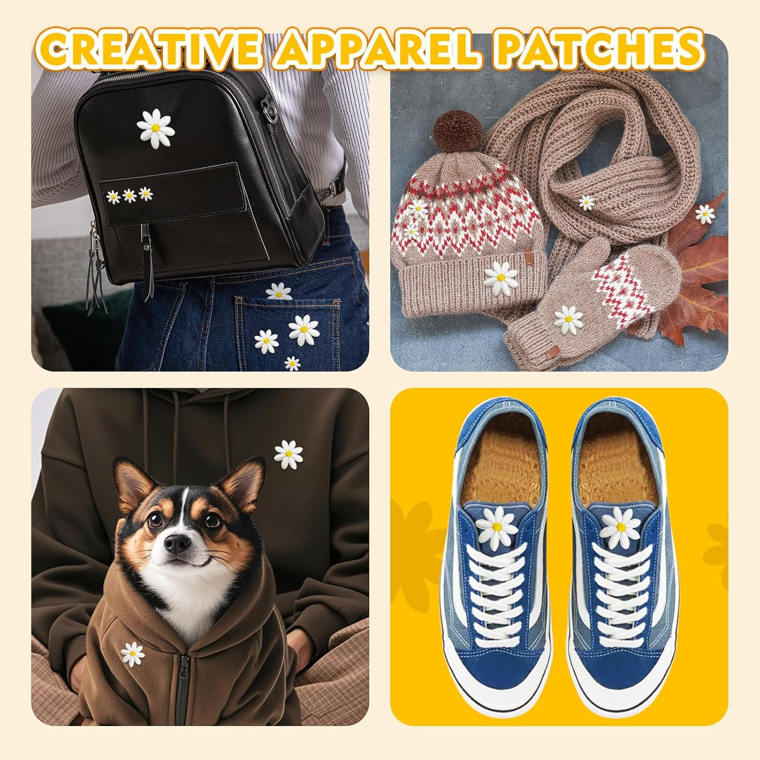 40Pcs 4 Sizes Daisy Flower Iron on Patches, Cute Embroidery Applique Patch for DIY Decoration Clothes, Pants, Hats, Backpacks, Sewing Patches for Girls, Women (Flower, White, 4Cm*3.5Cm*3Cm*1.2Cm) image number 4