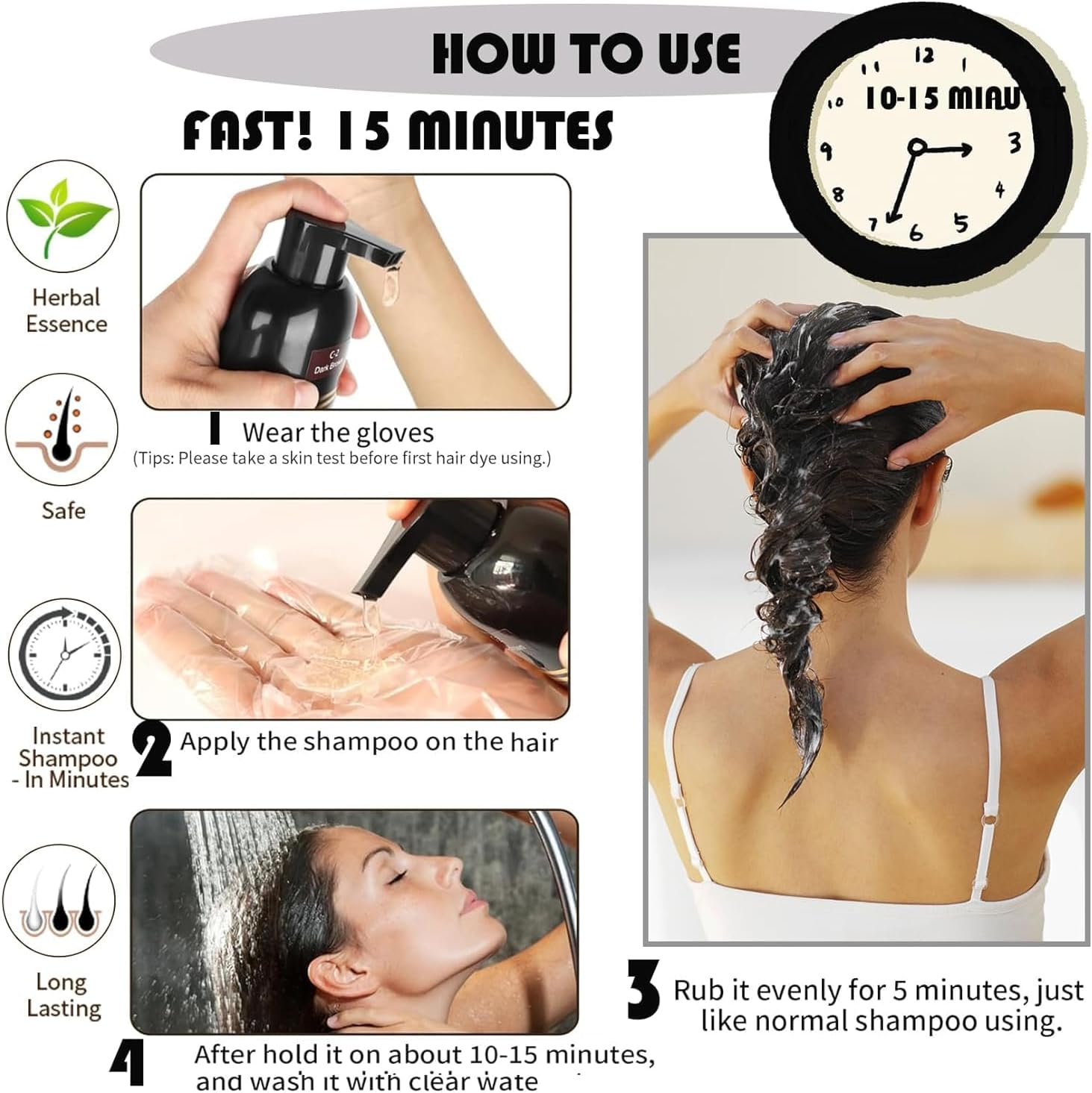 Hair Dye Shampoo, 500ML Black Hair Dye 3 in 1, Instant Hair Colour Shampoo Black Hair Shampoo-Long Lasting - Hair Dye Hair Color Shampoo Coloring in Minutes for Women Men (Dark Brown, 500ML) image number 4