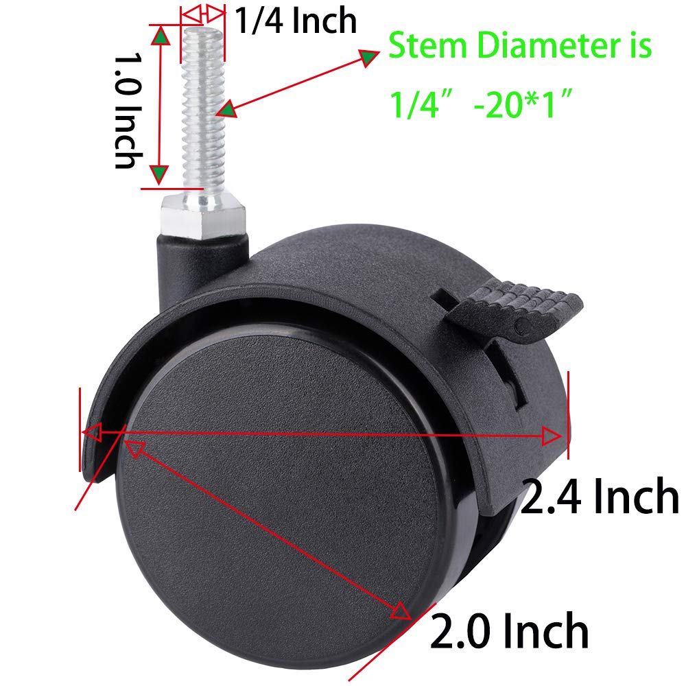 DICASAL 2" Shelving Caster, Swivel Stem Caster Wheel with 1/4" - 20 X 1 Thread Stem for Small Shelf and Furniture Pack of 4 Black (Without Brakes) image number 2