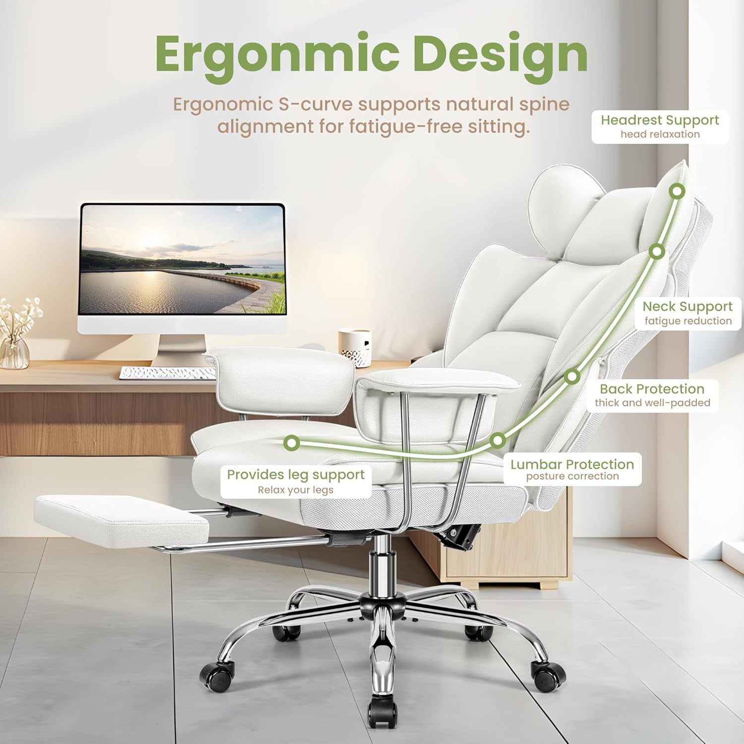 Ergonomic Office Chair with Footrest, Reclining Big and Tall Desk Chair, Leather Executive Office Chair with Lumbar Support, Comfy Wide Seat Computer Gaming Chair for Adults, White image number 4