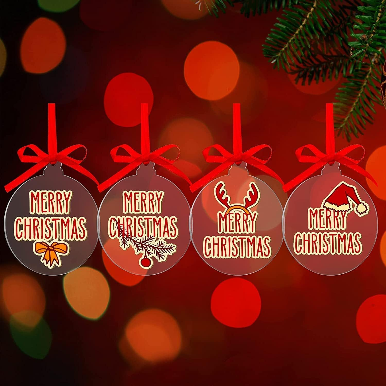 16 Pieces Clear round Acrylic Christmas Ornament with Red Ribbon DIY Blank round Acrylic Ornament Transparent Circle Discs for Christmas Bauble Tree Decoration Tag Craft (Cute Style, 4 Inches) image number 5