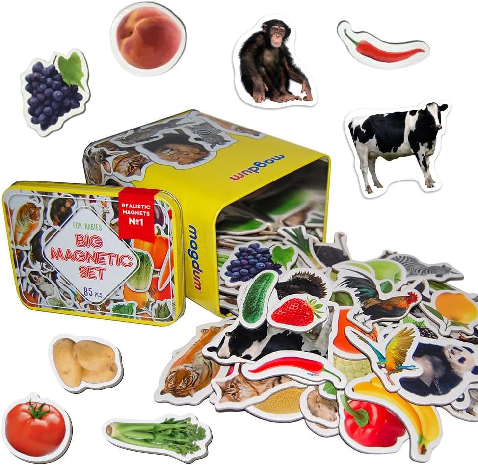 Farm Animals & Fruit & Veggie Photo Magnets - 85 Large Fridge Magnets for Toddlers - Zoo Animals - Children'S Gifts