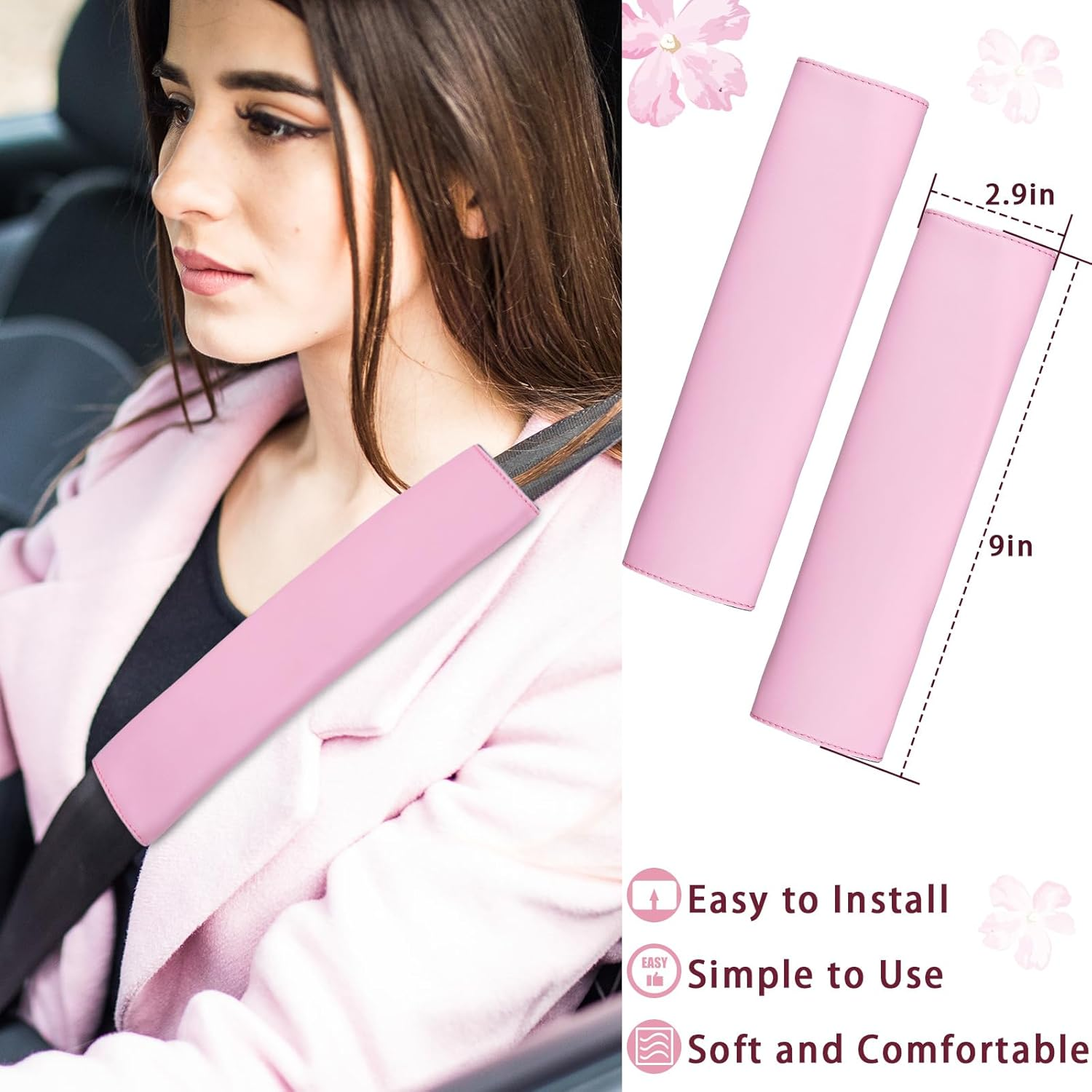 Frienda 10 Pcs Leather Steering Wheel Cover Set for Women 14.5-15 Inch Car Accessories with Seat Belt Shoulder Pad Seatbelt Cover Cup Holder Start Button Ring Sticker Air Vent Clip(Pink) - Pink image number 4