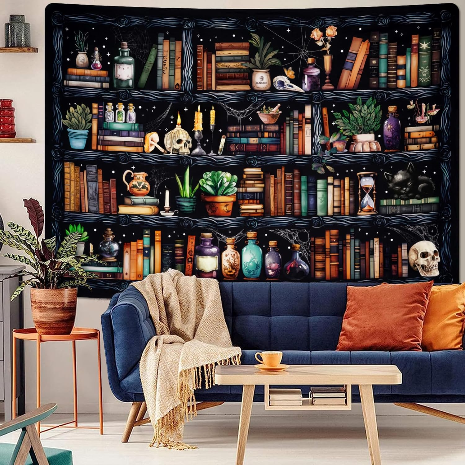 Uspring Bookshelf Tapestry Magical Book Tapestries Goth Skull Tapestry Vintage Botanical Tapestry Black Cat Wall Tapestry Hanging for Bedroom Home Decor (51.2 X 59.1Inches) image number 4