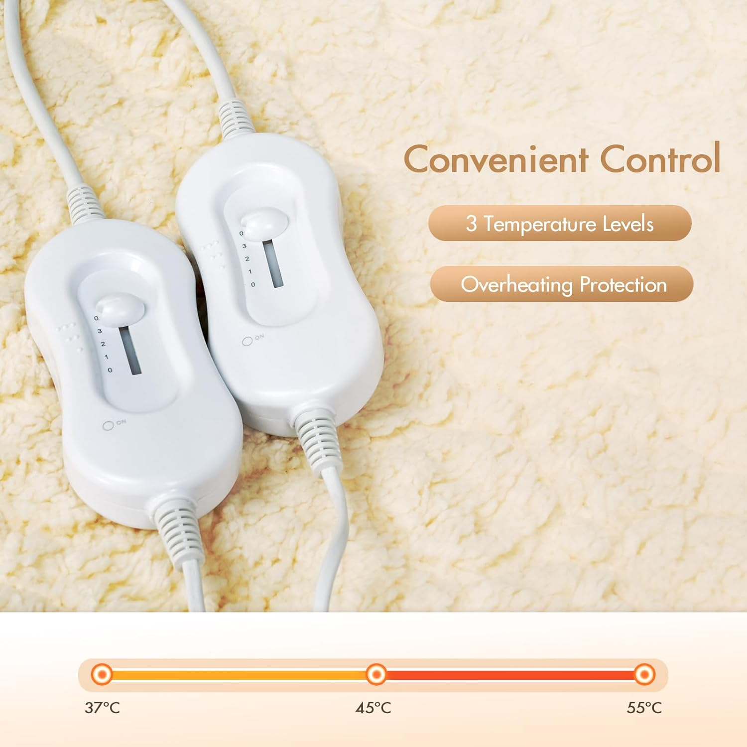 ADVWIN Double Size Electric Blanket, Cotton Fluff Heated Mattress Pad with Dual Control, 3 Heating Settings, Machine Washable, Adjustable Heating Area, 191X139Cm, Beige image number 2