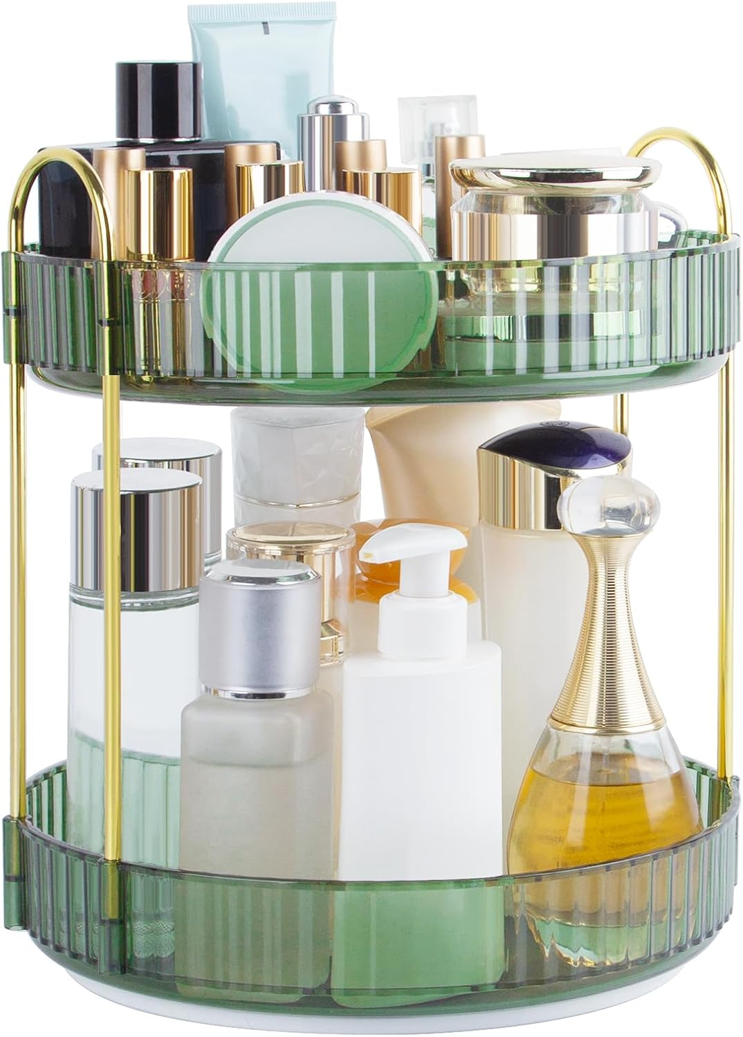 360 Rotating Makeup Organizer for Vanity, 2 Tier Perfume Skincare Organizers and Storage for Bathroom Countertop, Large Capacity Clear Spinning Counter Cosmetic Holder for Dresser, Green image number 3
