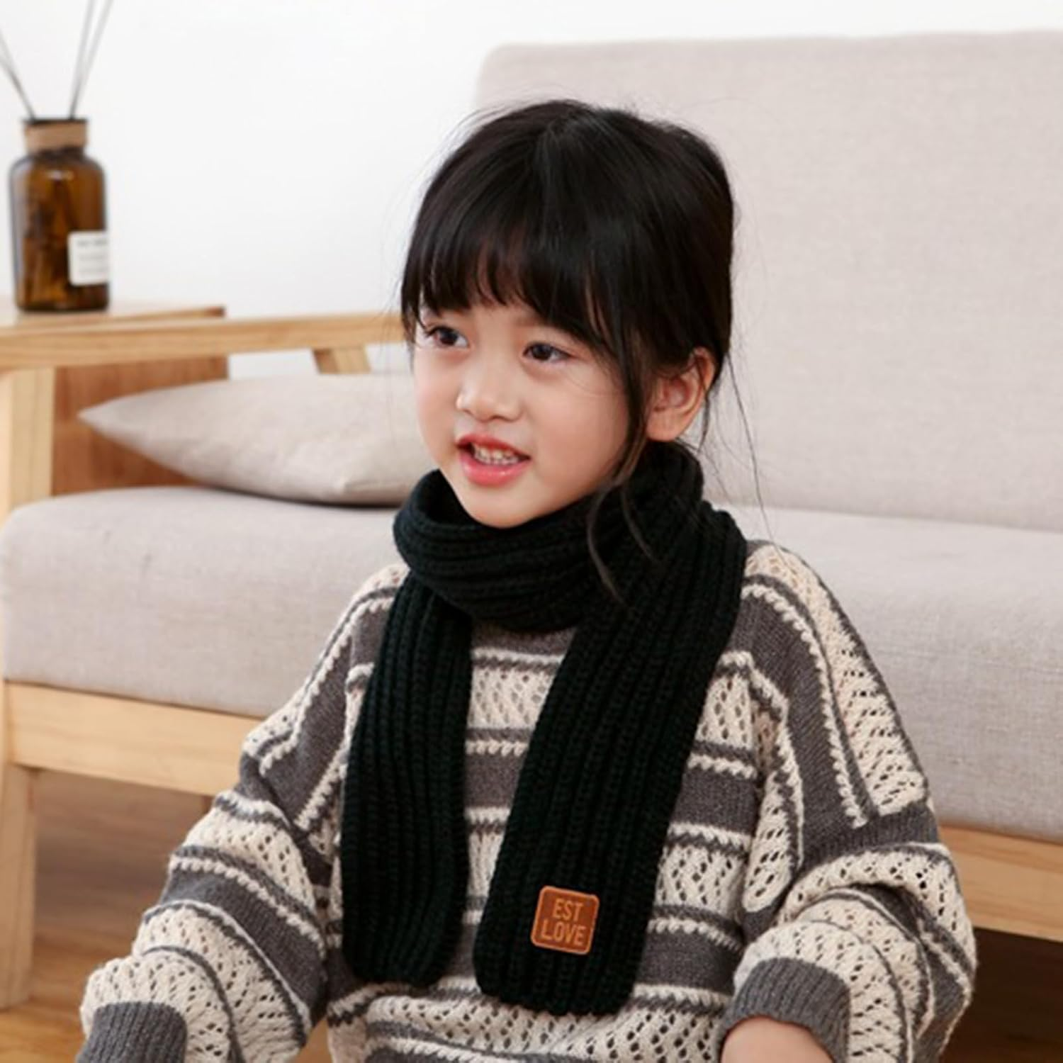 Kids Knit Scarf Winter Fashion Solid Color Toddler Baby Scarves Wrap Neck Warmer - Black image number 5