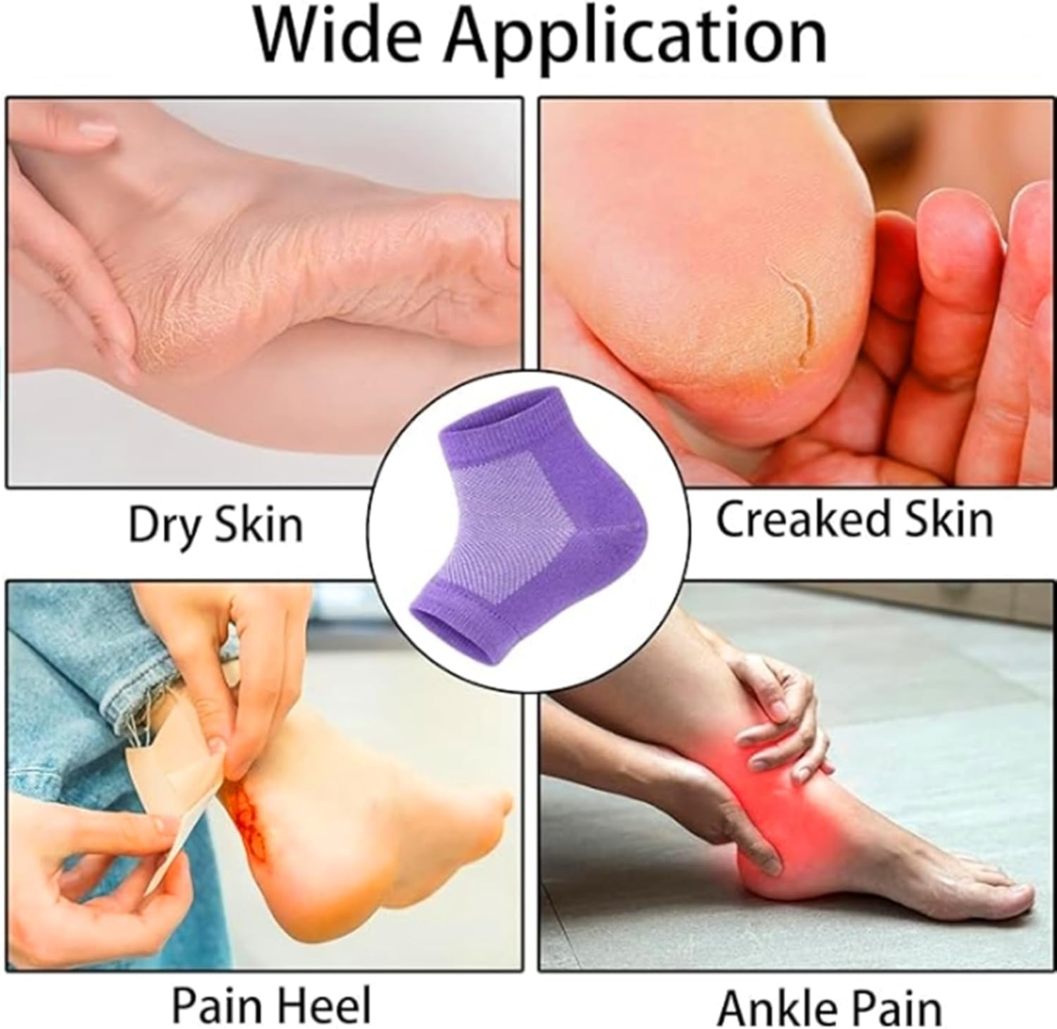 Moisturizing Heel Socks 4 Pairs Gel Lined Toeless Spa Socks to Heal and Treat Dry, Cracked Heels While You Sleep(Black+White+Purple+Pink) image number 1