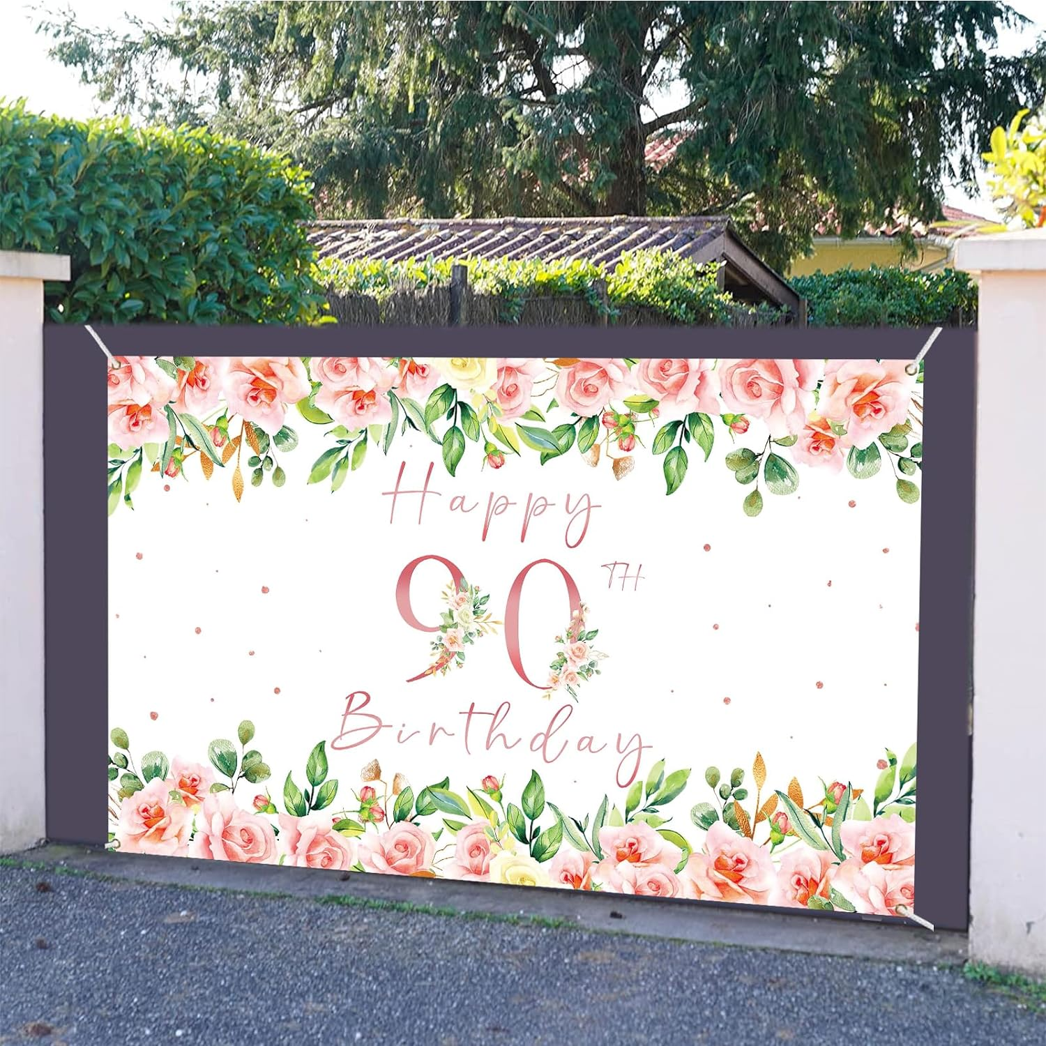 Crenics 90Th Birthday Decorations for Women, Rose Gold Floral Happy 90Th Birthday Banner Backdrop for Female 90 Birthday Party Supplies, 5.9 X 3.6 Ft