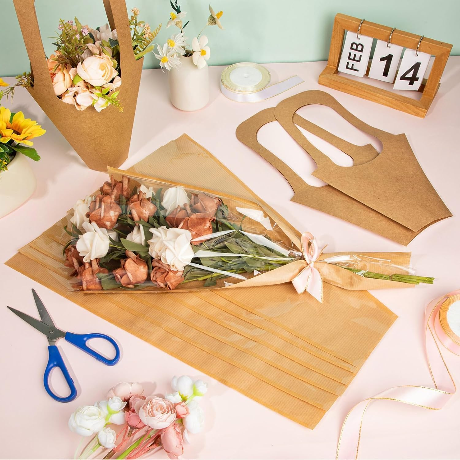 50 Pcs Flower Wrapping Bags, Clear Kraft Paper Bulk with 4 Pcs Kraft Bouquets Wrap Bags, Floral Packing Sleeves for Bouquet Bridal Shower Wedding Birthday Graduation Anniversary Supplies image number 4