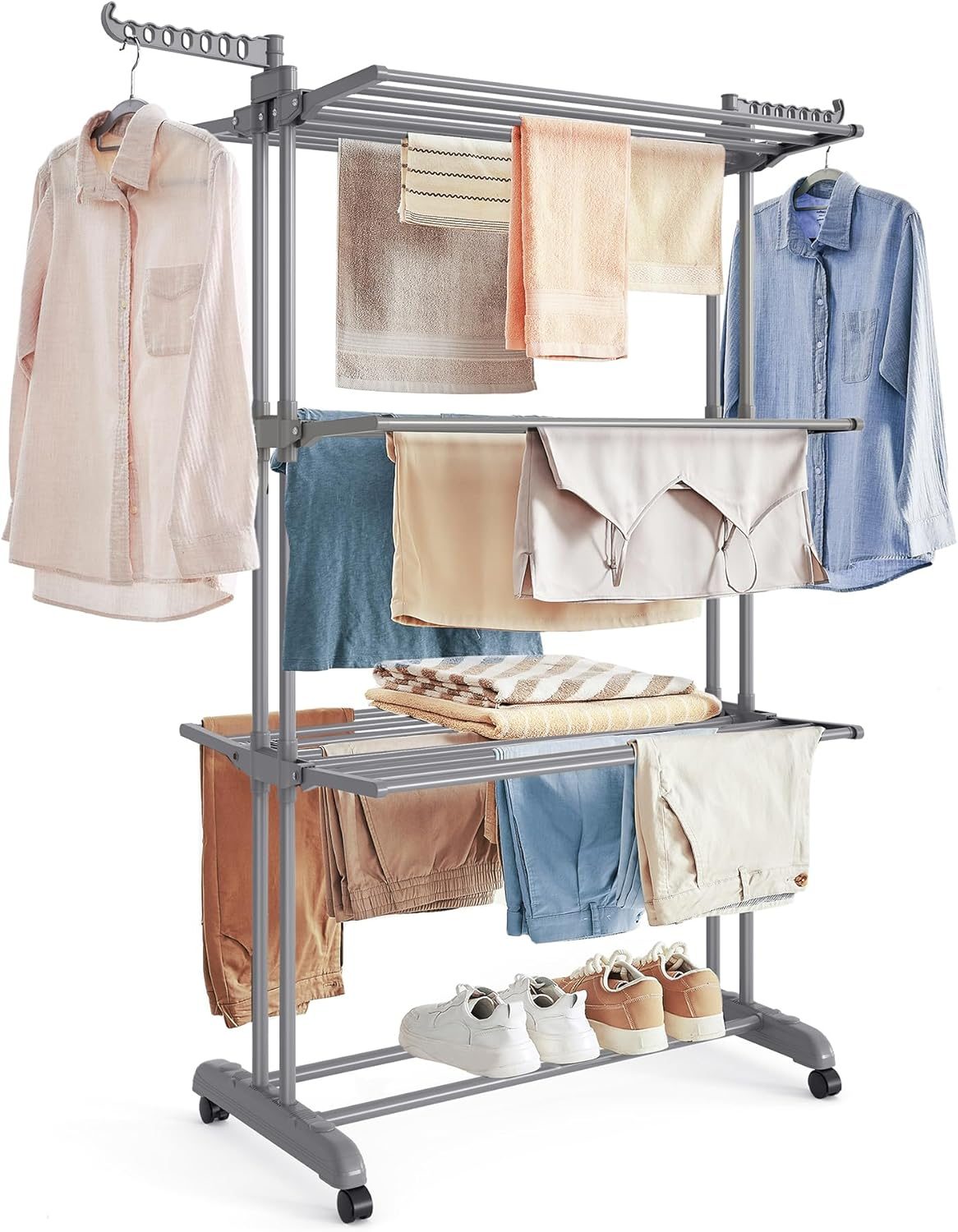 SONGMICS Clothes Drying Rack Stand 4-Tier, Foldable Laundry Drying Rack 67.7-Inch Tall, Stainless Steel, Rolling Clothes Horses Dryer Rack, Easy to Assemble, Indoor Outdoor Use, Gray ULLR701G01