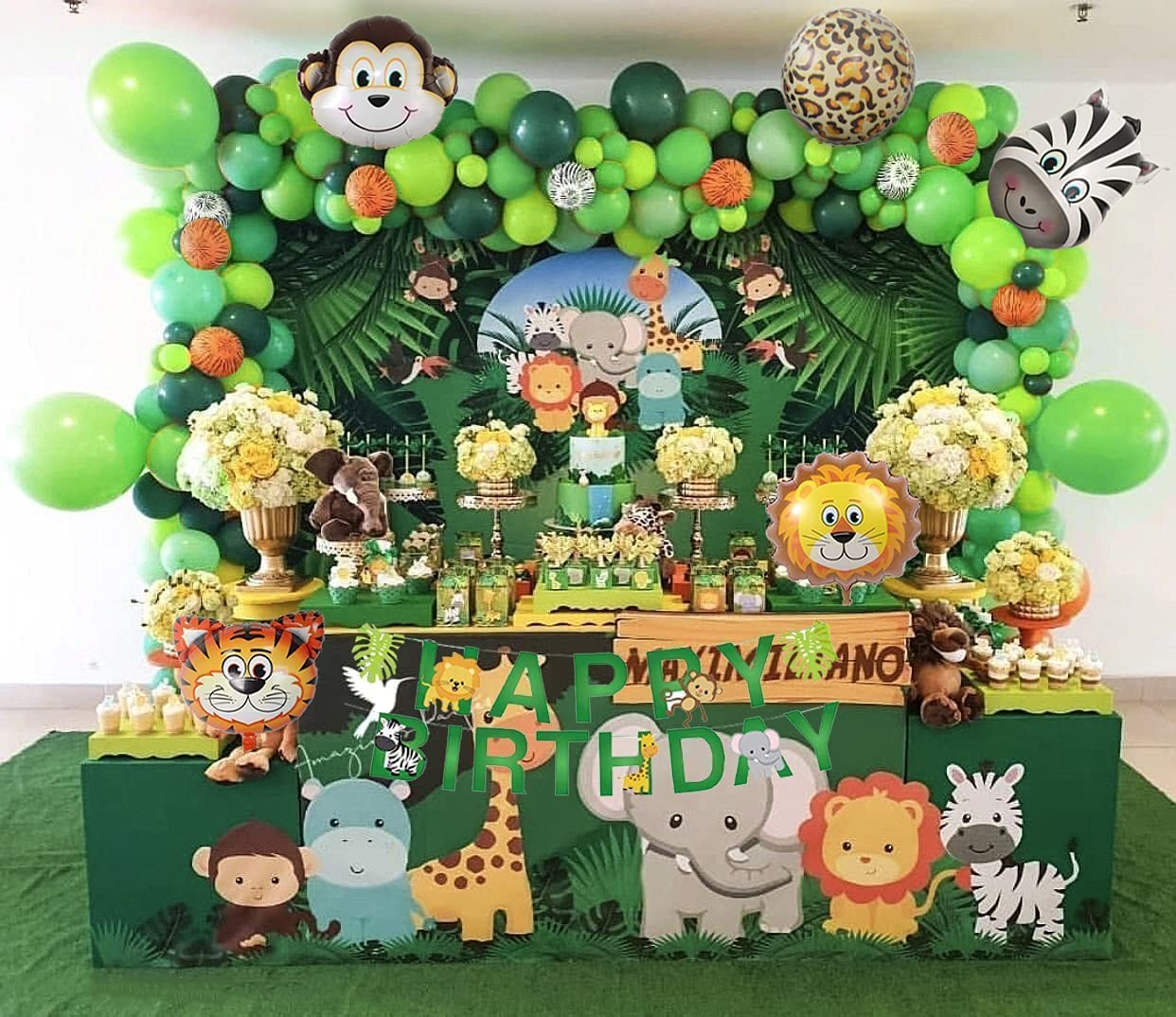 Toddler Jungle Theme Balloon Arch Kit for 1 Year Old Baby Boy Girl, Green Happy Birthday Banner Balloons Garland, Safari Shower Party Supplies Decorations - 64Pcs (1) image number 4