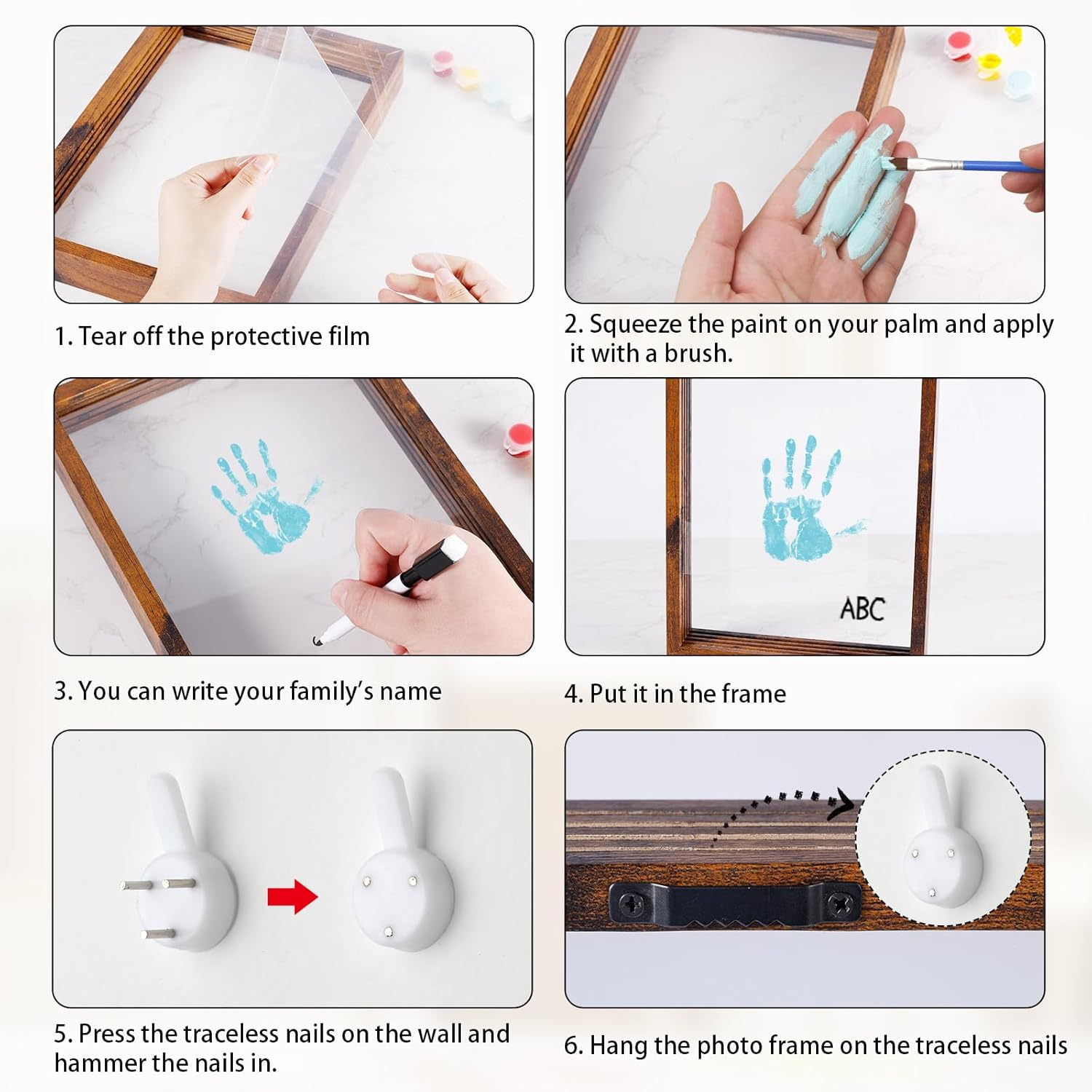 Family Hand and Footprint Kit, Family Palm Print DIY Wooden Photo Frame New and Expecting Parents Gifts for after Birth Parents Kids Couples Friends 6 Paint Colors Included image number 5