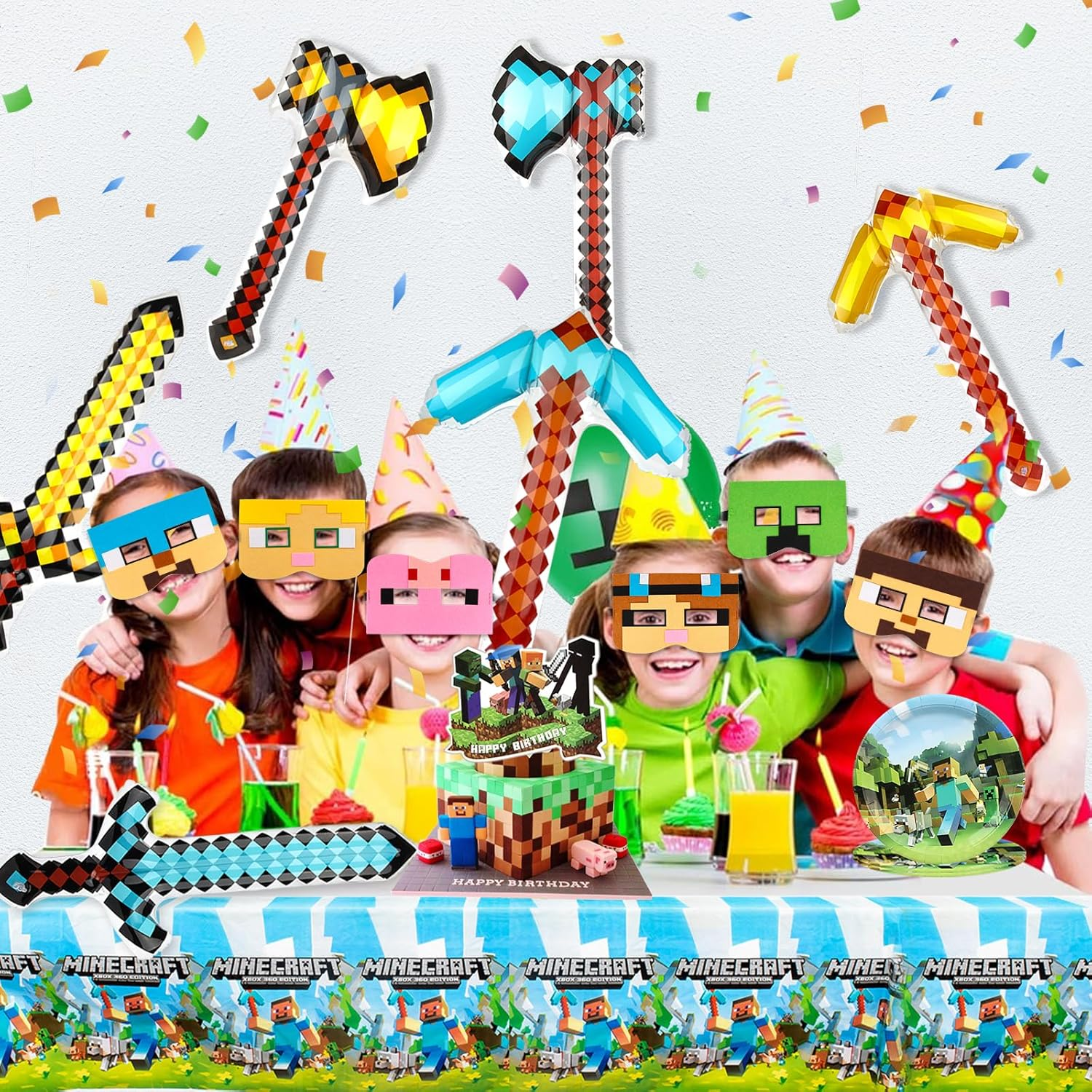 Miner Video Game Party Bag Pixel Party Pack for Children'S Birthday Party Bags, Miner Gamer Children'S Birthday Boy with 6 Balloons and 6 Felt Masks Party Bag Party Birthday Decoration Games image number 4