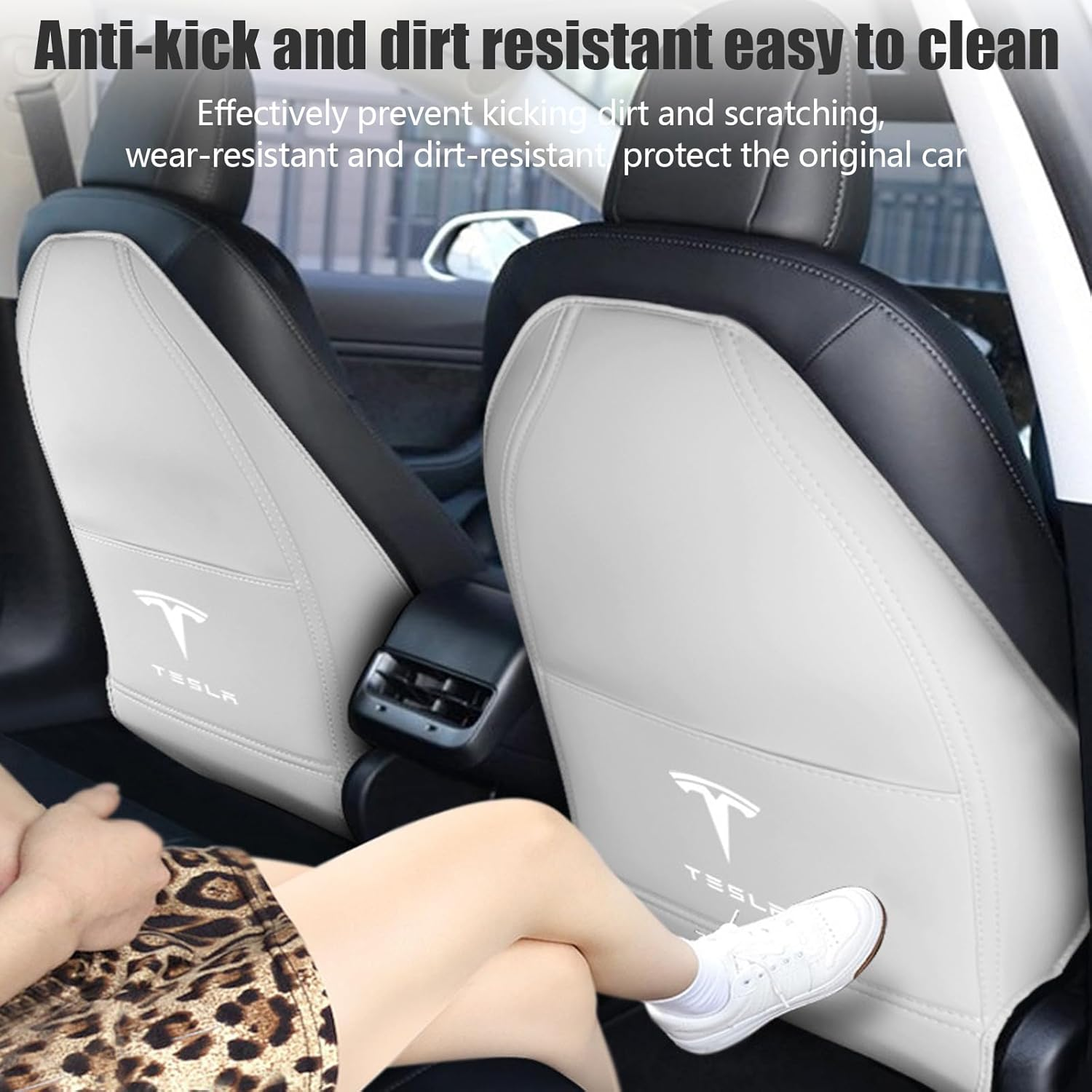 Car Seats Back Cover for Tesla Model 3/Y/S, Leather First Row Seats Back Cover with Pocket, Kick Mats Seat Protector Case, Set of 2, Wear-Resistant, Waterproof, Anti-Fouling - Black-A image number 7