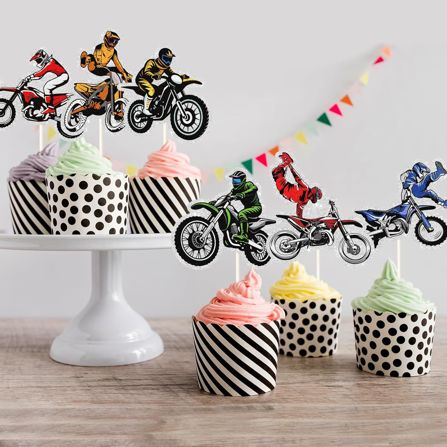 18Pcs Dirt Bike Cupcake Toppers,Motocross Motorcycle Racing Car Cupcake Picks, Extreme Sports Racing Themed Birthday Party Decorations image number 3