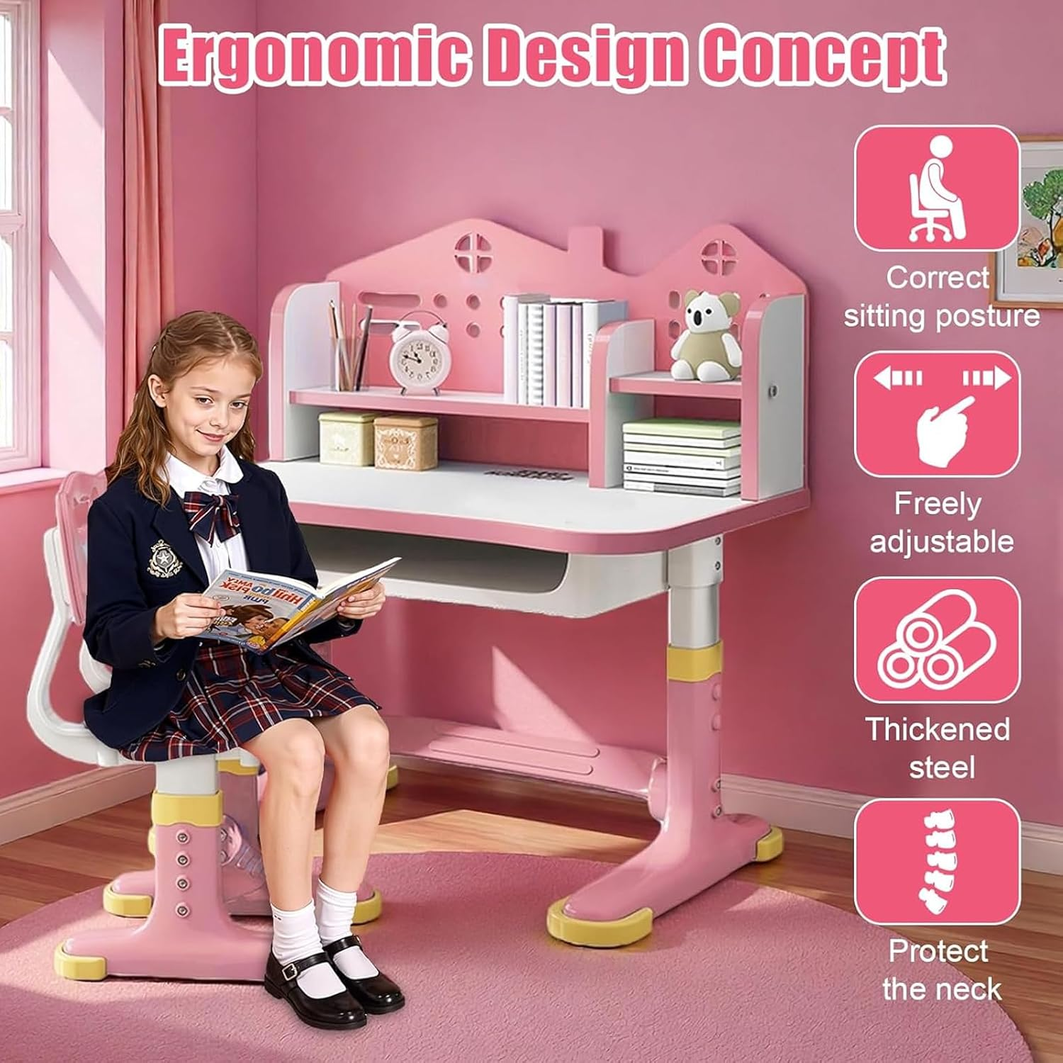 Kids' Desk Chair Sets,Adjustable Height Children Kids Study Desk and Chair Set, Multifunctional School Student Writing Study Table and Set with Storage Drawer,Pink image number 4