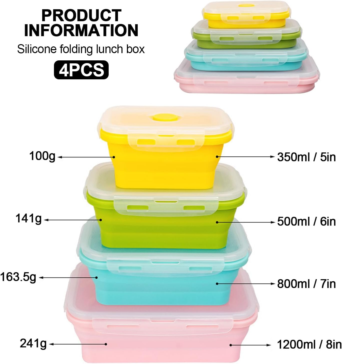 4-Pack Collapsible Food Containers, Silicone Storage Set with Lids, Silicone Lunch Bento Box, Microwave & Dishwasher Safe, 350/500/800/1200ML