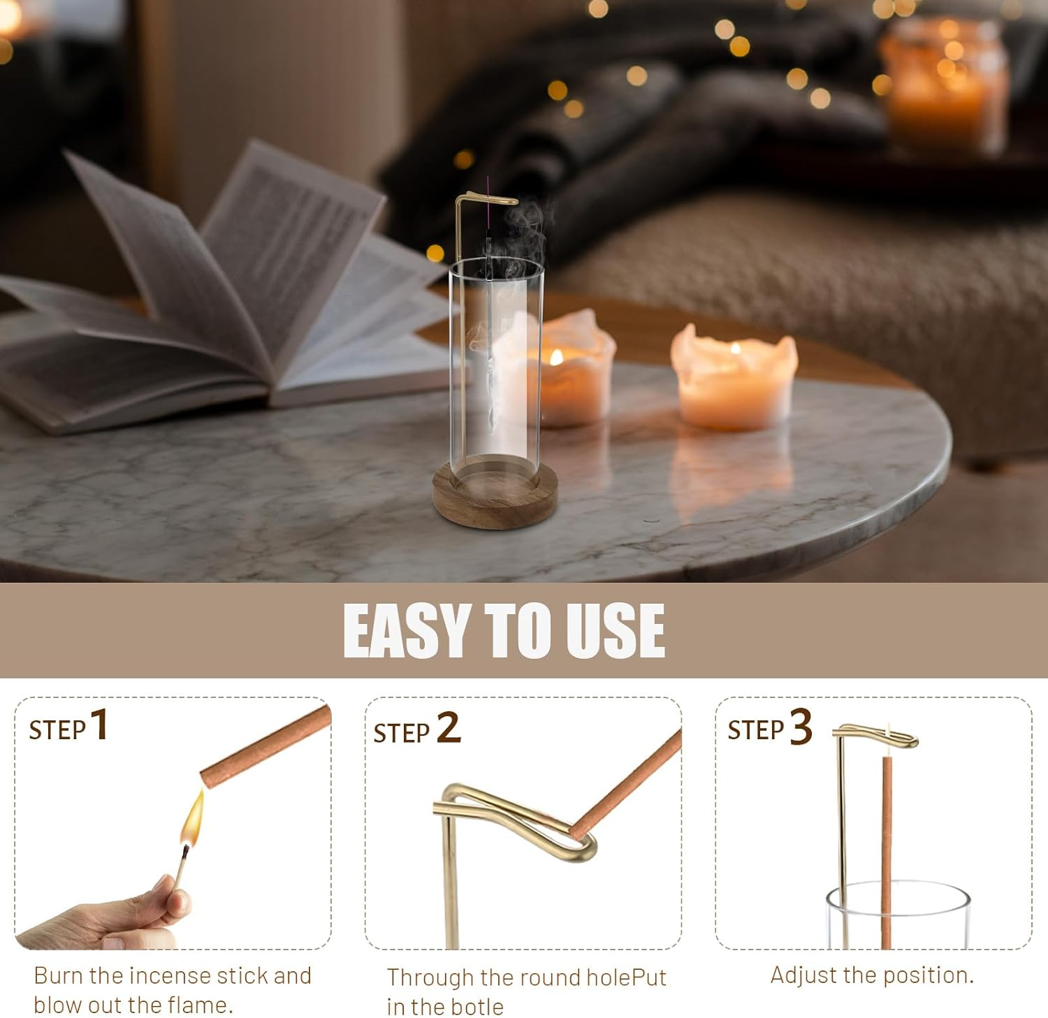 Wooden Incense Holder with Glass, Incense Stick Holder with Ash Catcher, Modern Incense Burner for Home Decor Yoga Meditation (Circular) image number 5