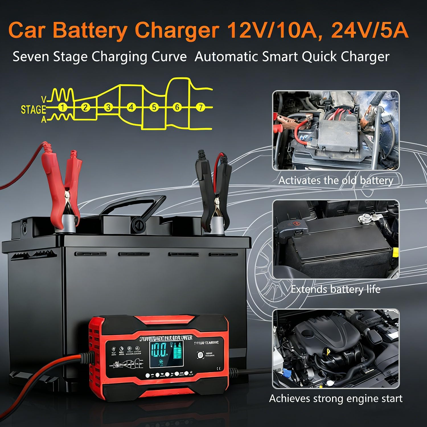10A Battery Charger, 12V/24V Automatic Charger with 7-Stage Charging, LCD Screen, for AGM, WET & GEL Lead Acid Batteries image number 6