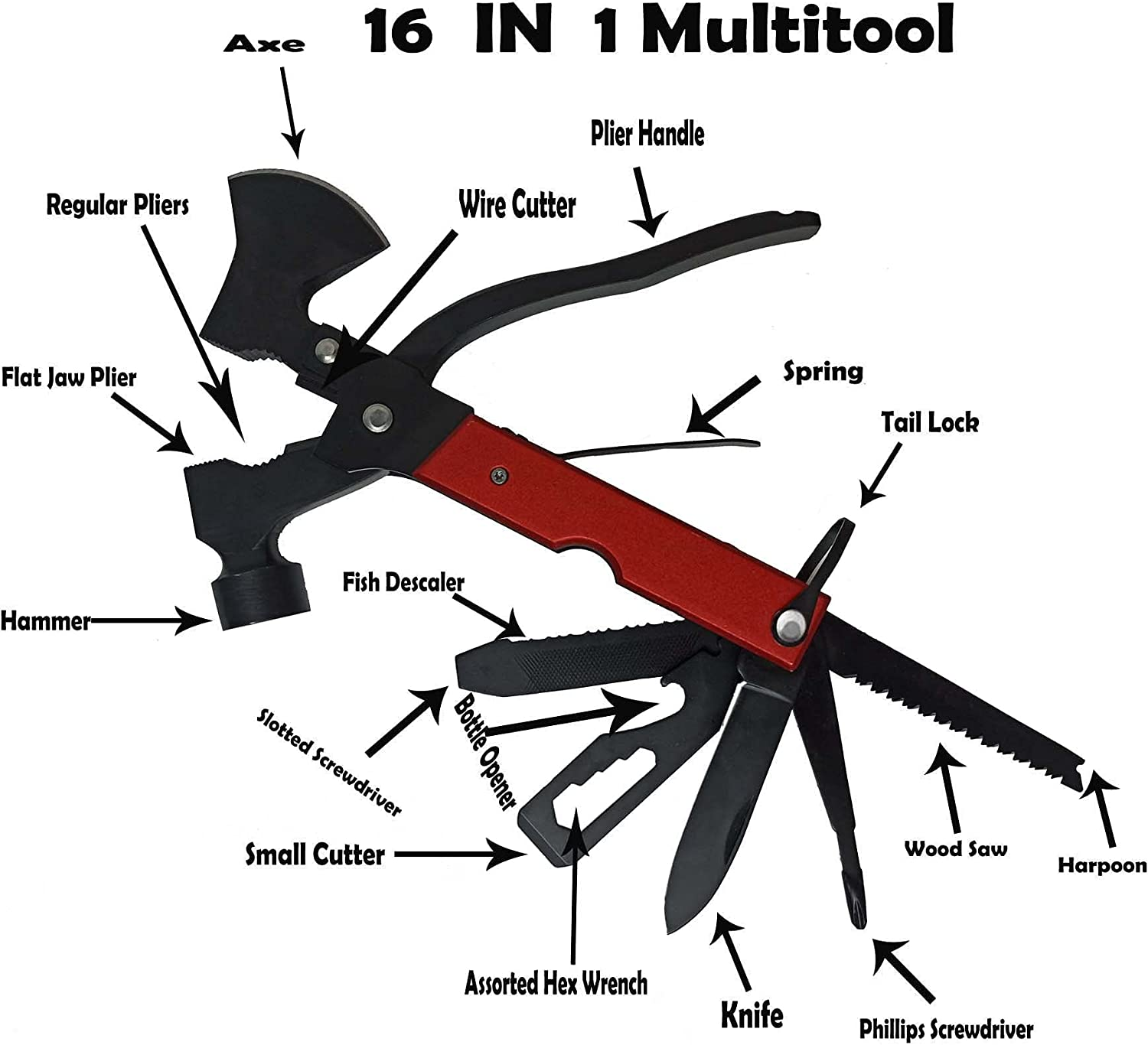 Camping Accessories Multitool - 16 in 1 Survival Knife Gear Axe Hammer Multi Tool, Gifts for Men Dad Husband Boyfriend Fathers Day Birthday Christmas, Cool Gadgets for Hunting Hiking Durable Sheath image number 1