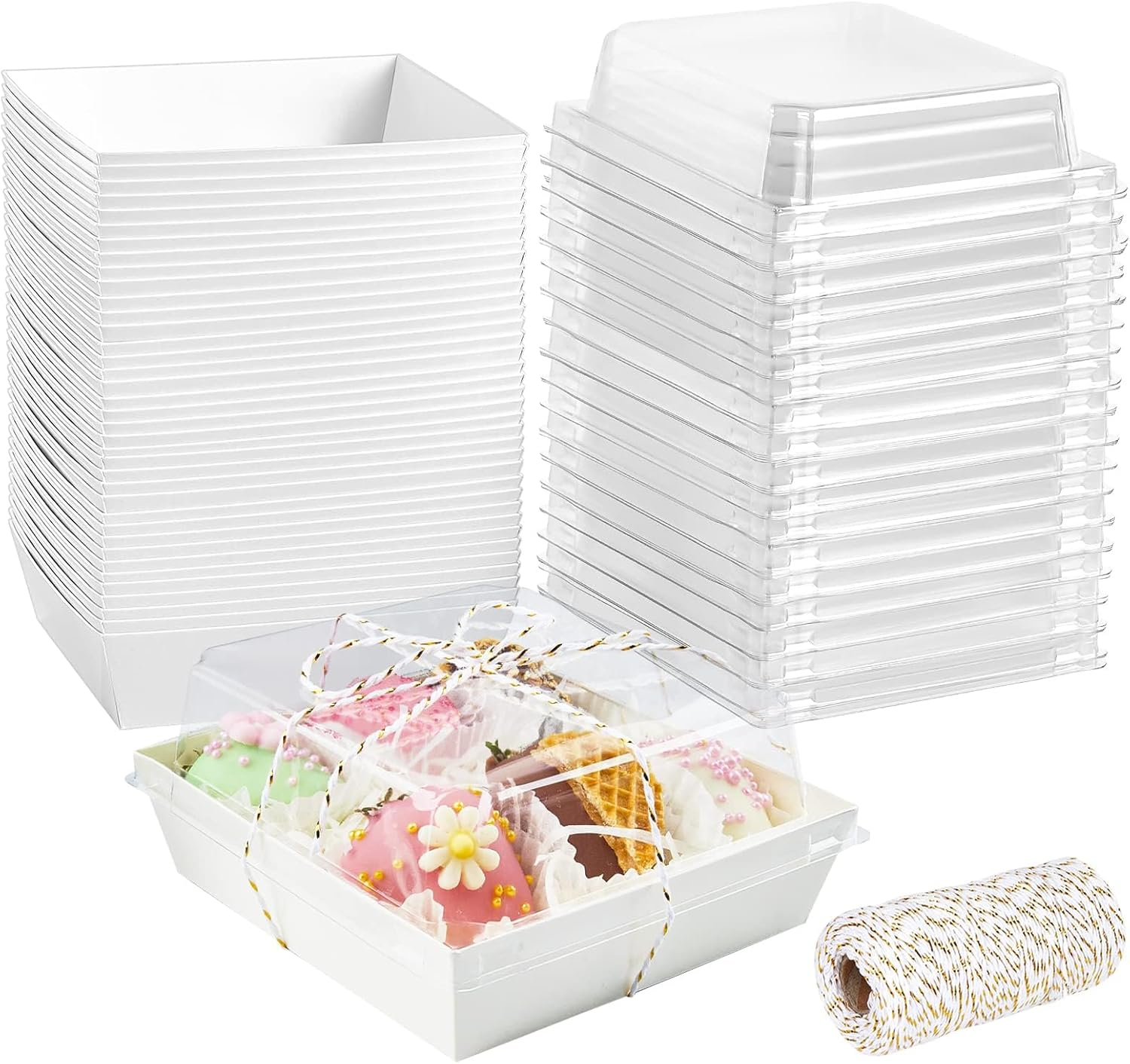 50Pack Paper Charcuterie Boxes with Clear Lids Square Sandwich Boxes with 44Yd Twine Disposable Food Containers for Swiss Roll, Strawberries, Slice Cake, Cookies, Brown