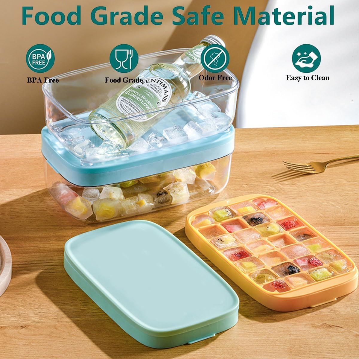 Ice Cube Tray with Lid and Bin, 28 Pcs Ice Trays for Freezer, Food Grade Plastic Ice Cube Mold, Easy Release & Stackable Ice Contrainer with Ice Scoop, for Drinks, Cocktail and Food Fresh (Blue) image number 4