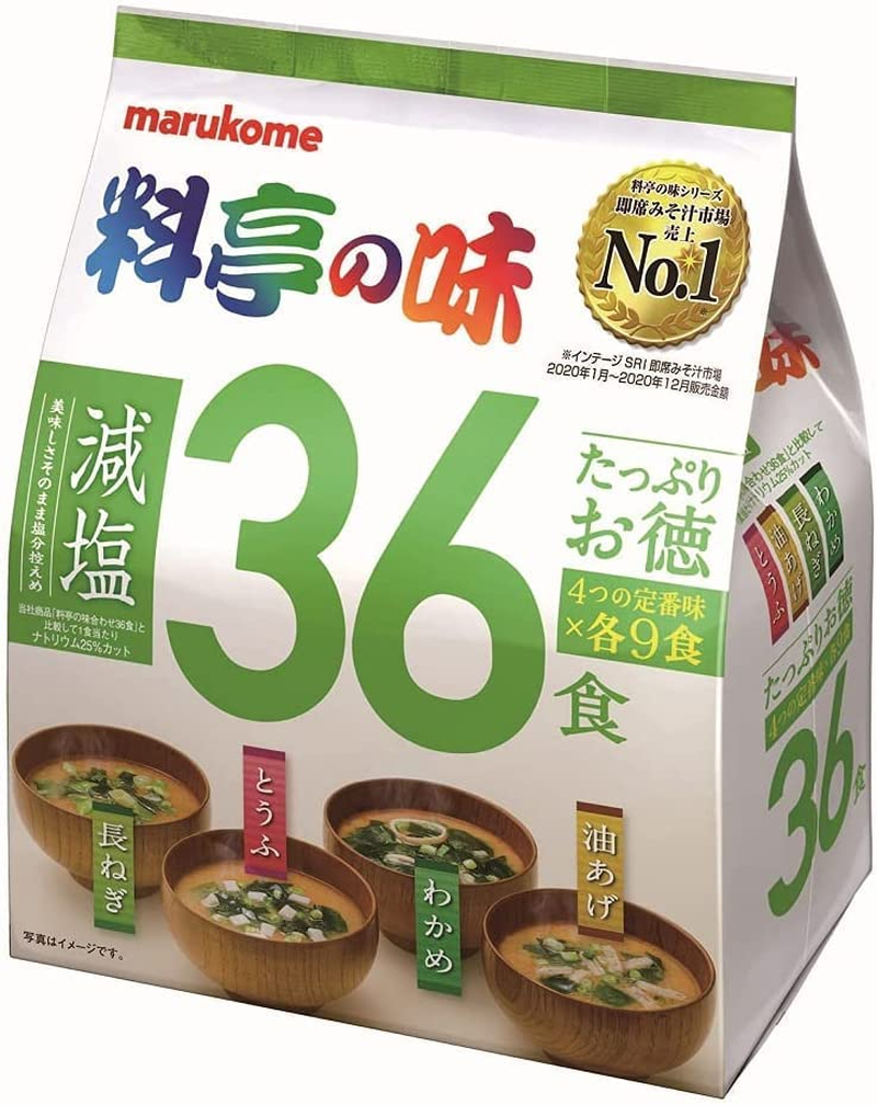 Marukome Miso Soup Ryotei No Aji 4 Flavors, Reduced Salt, Pack of 36 Instant Japanese Miso Soups (Wakame Seaweed, Scallions, Tofu, Aburaage) image number 1