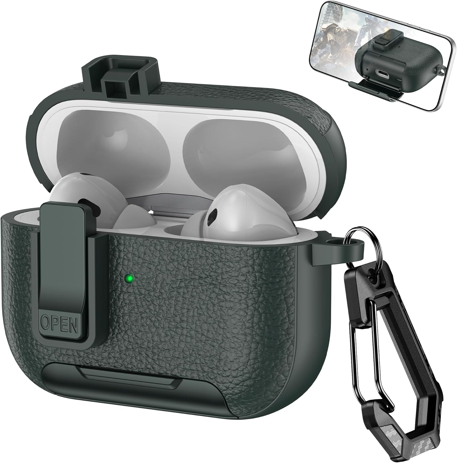 For Airpods Pro 2 Case with Secure Lock, Leather Texture TPU Material,Built-In Stand Function, Compatible with Airpods Pro Case (2023/2022/2019), Compatible with Wireless Charging, Green image number 2