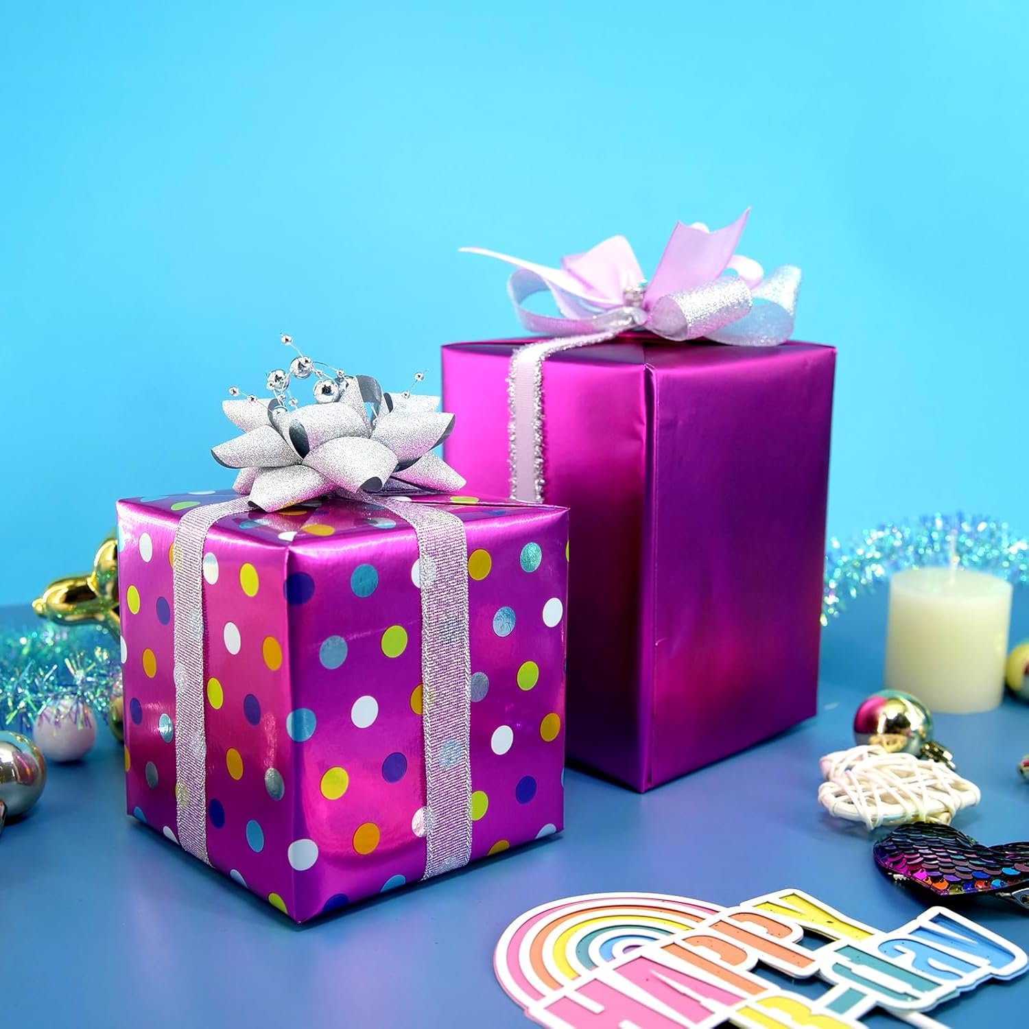 Blavermant Wrapping Paper Roll - Pink Set 3 Mini Rolls - 17In X 10Ft per Roll - Solid Metal/Rainbow/Pink Polka Dot Design (42.3 Sqft) for Party, Birthday, Wedding, Rainbow2Pink image number 4