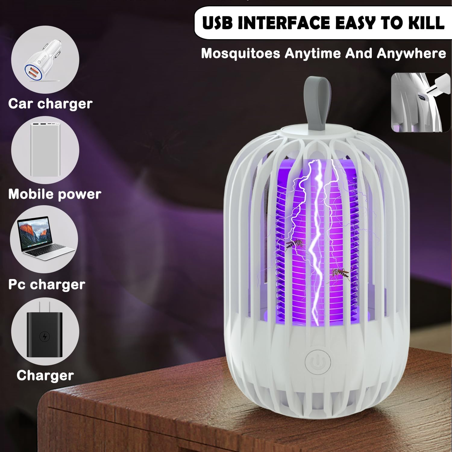 Mosquito Killer Lamp, 2 in 1 LED Mosquito Zapper, Portable USB Rechargeable Indoor and Outdoor Mosquito Killer, with UV Light Effective Fly Zapper for Use in the Home, Garden,Yard (White) image number 3