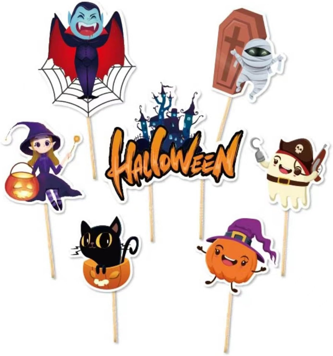 Halloween Dessert Toppers,7X Halloween Theme Cake Decor - Castle, Zombie, Ghost, Witch, Black Cat, Vampire, Pumpkin Fruit Food Cake Topper for Birthday image number 5