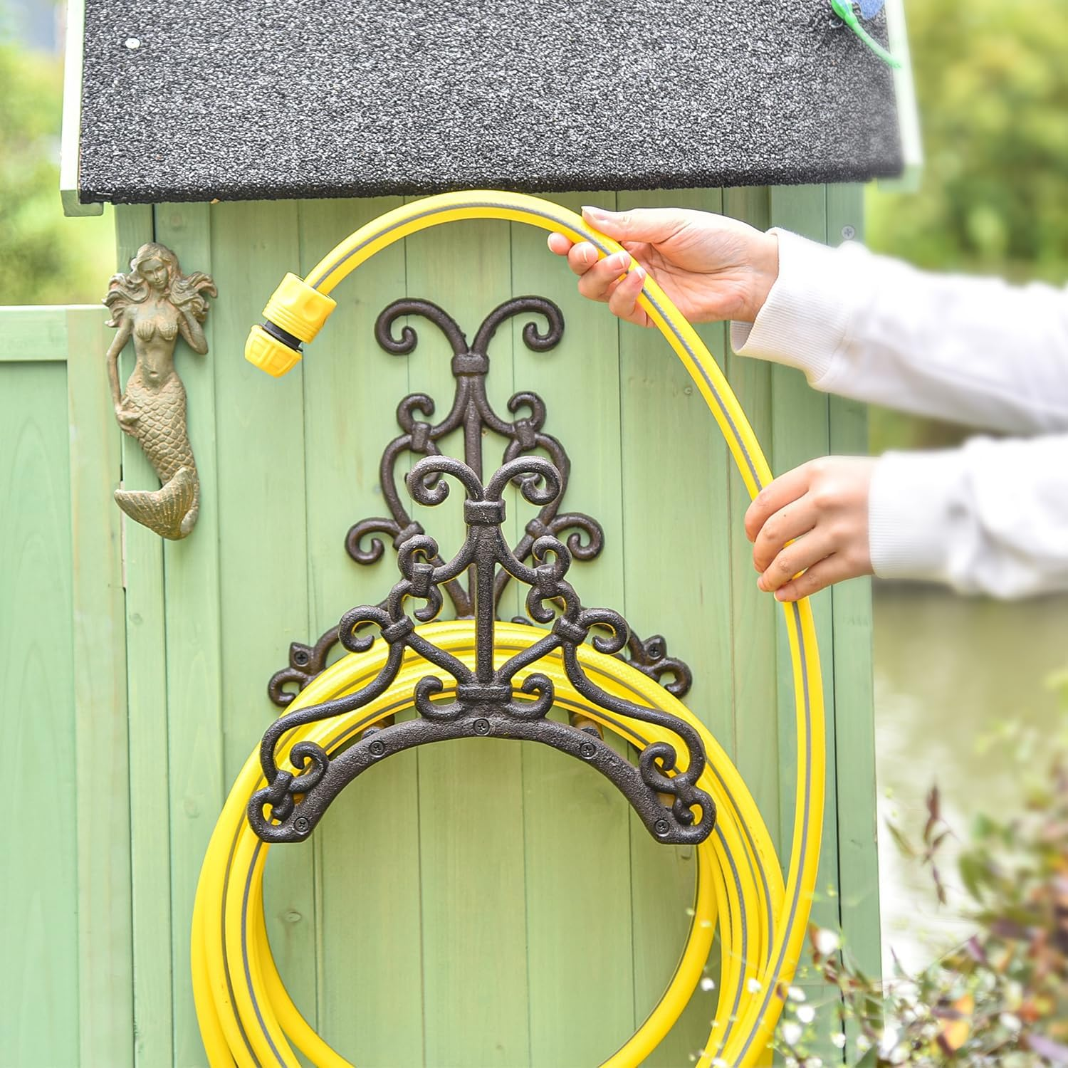 Sungmor Heavy Duty Cast Iron Garden Hose Holder - Wall Mounted Water Hose Hanger - European Vintage Pattern Decorative Hose Rack - Large Water Hose Bulter Storage - Indoor Outdoor Metal Hose Stand - Shape C-Birdtree image number 7