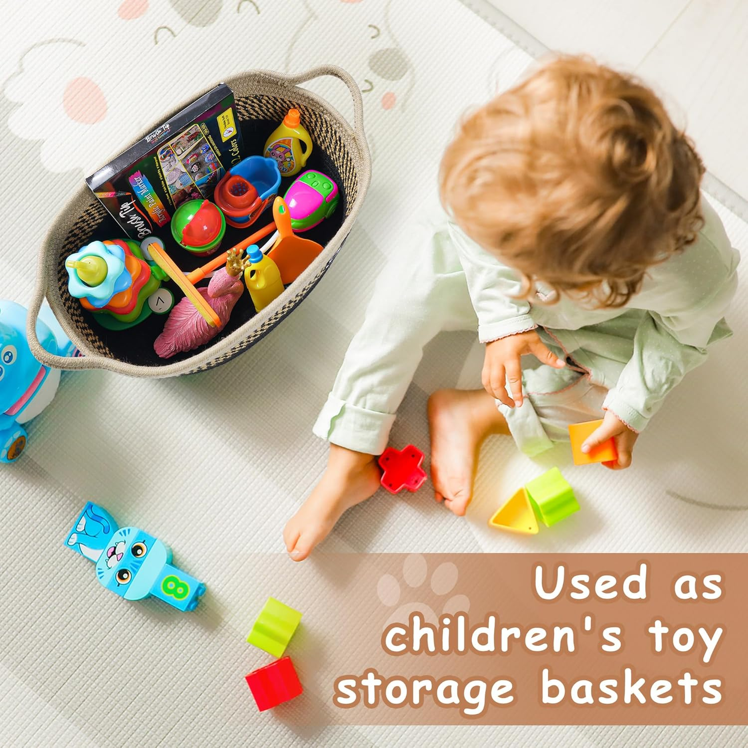 Small Woven Baskets for Organizing Rope Storage Basket with Handle Cute Cotton Nursery Gift Dog Toy Bins Organizer-Light Beige image number 1