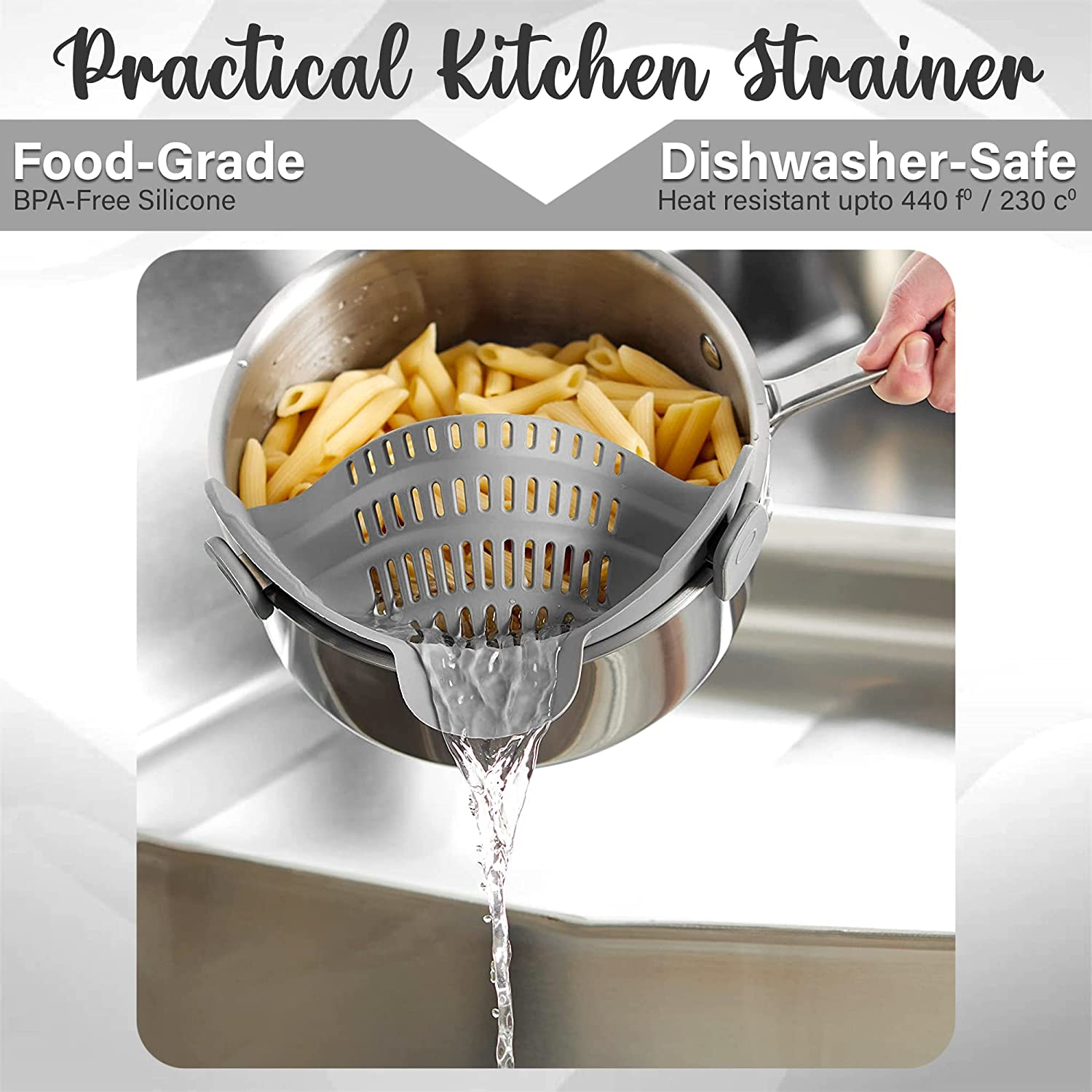 Strainer and Pasta - Adjustable Silicone Clip on for Pots, Pans, Bowls, Kitchen Gadget, Gadgets Home, Must Haves, Fits All Bowls Pots Grey 9.05''X4.92''X2.63'' image number 1