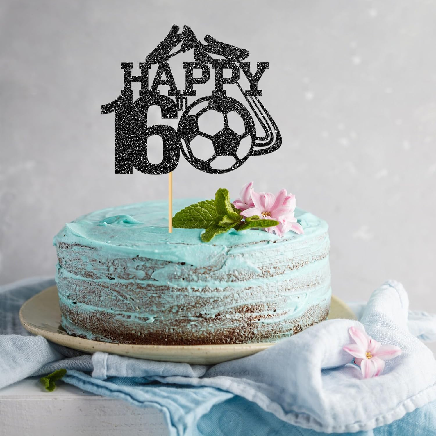Monmon & Craft Soccer 16Th Birthday Cake Topper/Sport Theme Soccer Ball Cake Docer/Soccer Player Boy 16Th Birthday Party Decorations - Black Glitter image number 3
