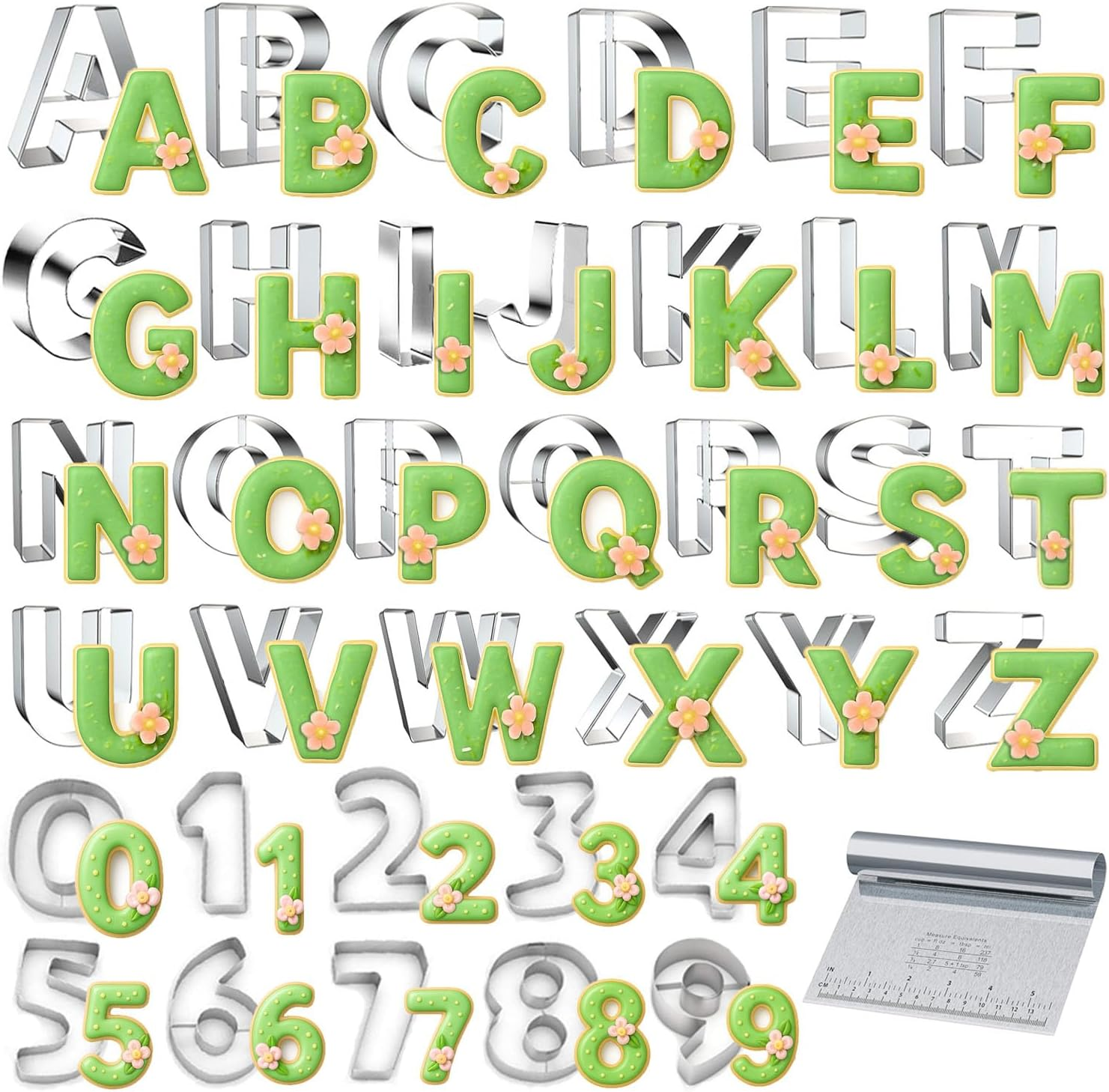 Xify&rsquo;S Alphabet & Number Cookie Cutter Set, 2.5-3 Inch Assorted Sizes, 36 Pcs Stainless Steel Fondant & Dough Molds for Party, Birthday, Christmas, Biscuit & Fruit Cutting, Includes Steel Scraper image number 2