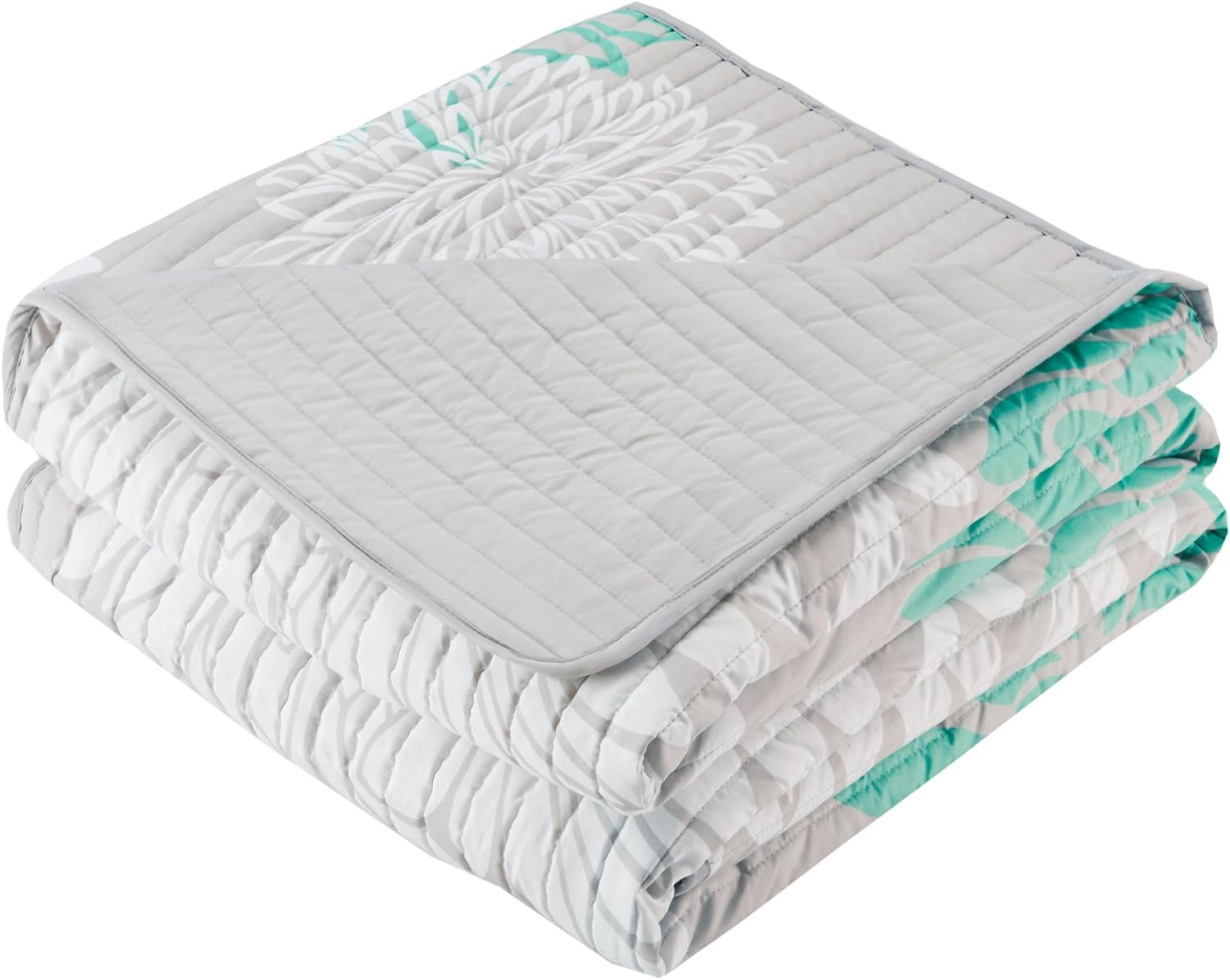 Comfort Spaces Enya Quilt Set - Casual Floral Print Channel Stitching Design, All Season, Lightweight Coverlet, Cozy Bedding, Matching Shams, Decorative Pillows, Full/Queen(90"X90"), Aqua 3 Piece image number 6