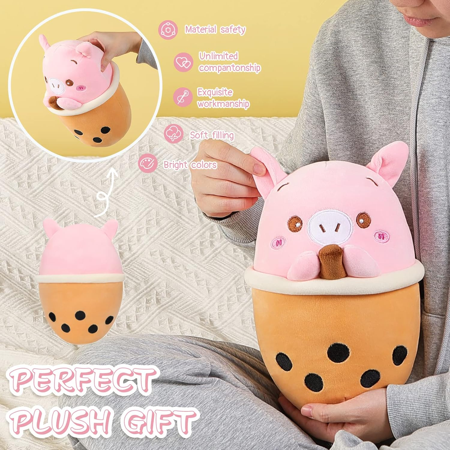 AIXINI 10 Inch Cute Pig Boba Plush Stuffed Squishy Animal Bubble Tea Pillow,Super Soft Cartoon Hugging Toy Gifts for Bedding, Kids Sleeping Kawaii Pillow image number 2