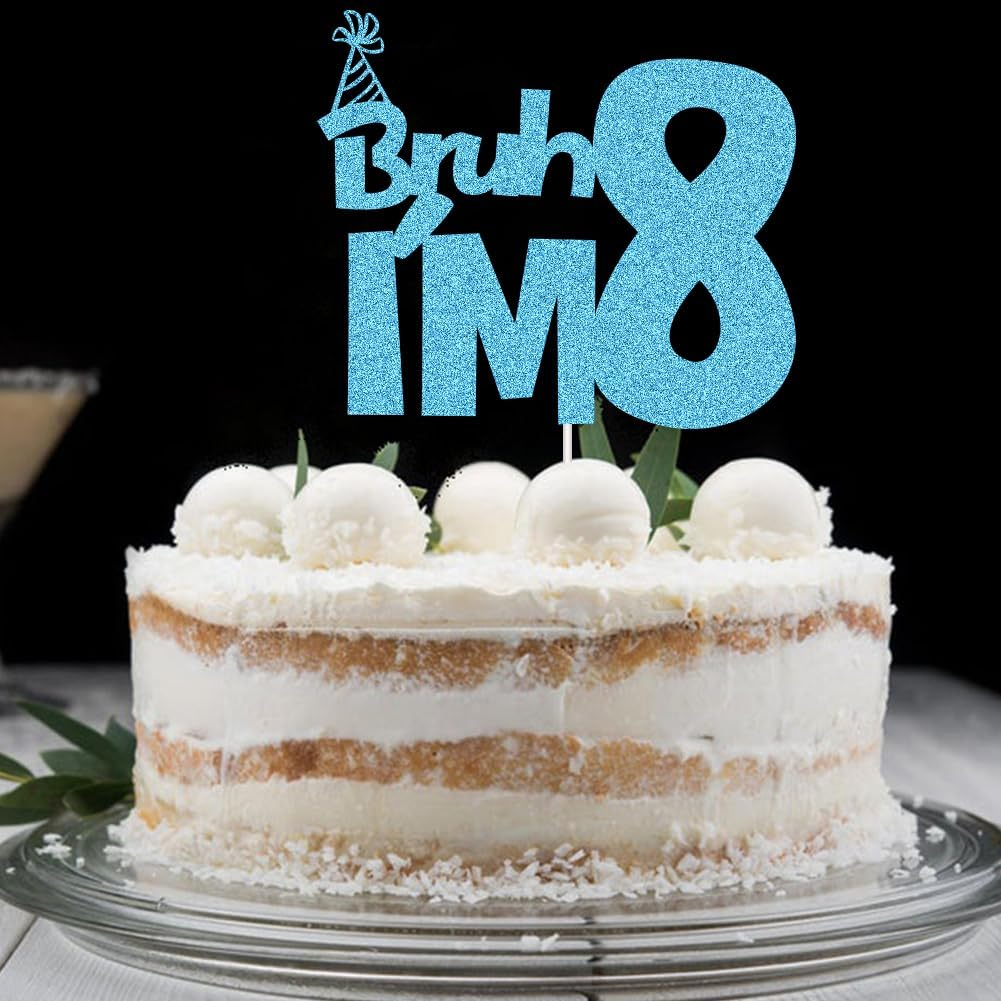 XIUHUBA Bruh I'M 8 Cake Topper, Happy 8Th Birthday Cake Decor, Kids Boys 8Th Birthday Party Decorations, Funny Eight Years Old Birthday Party Supplies Blue Glitter image number 4