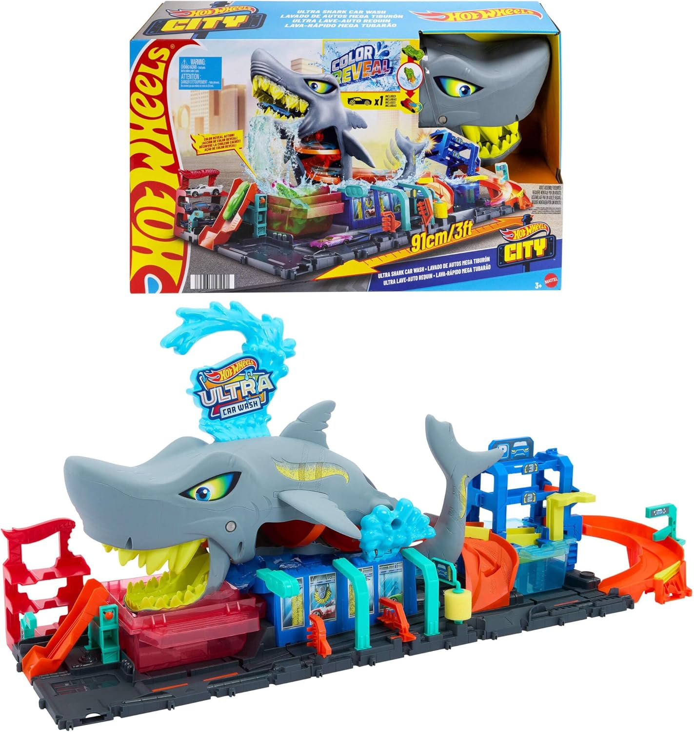 Hot Wheels City Track Set, Ultra Shark Car Wash with 1:64 Scale Color Reveal Toy Vehicle, Repeat Color-Change Feature, Storage image number 4