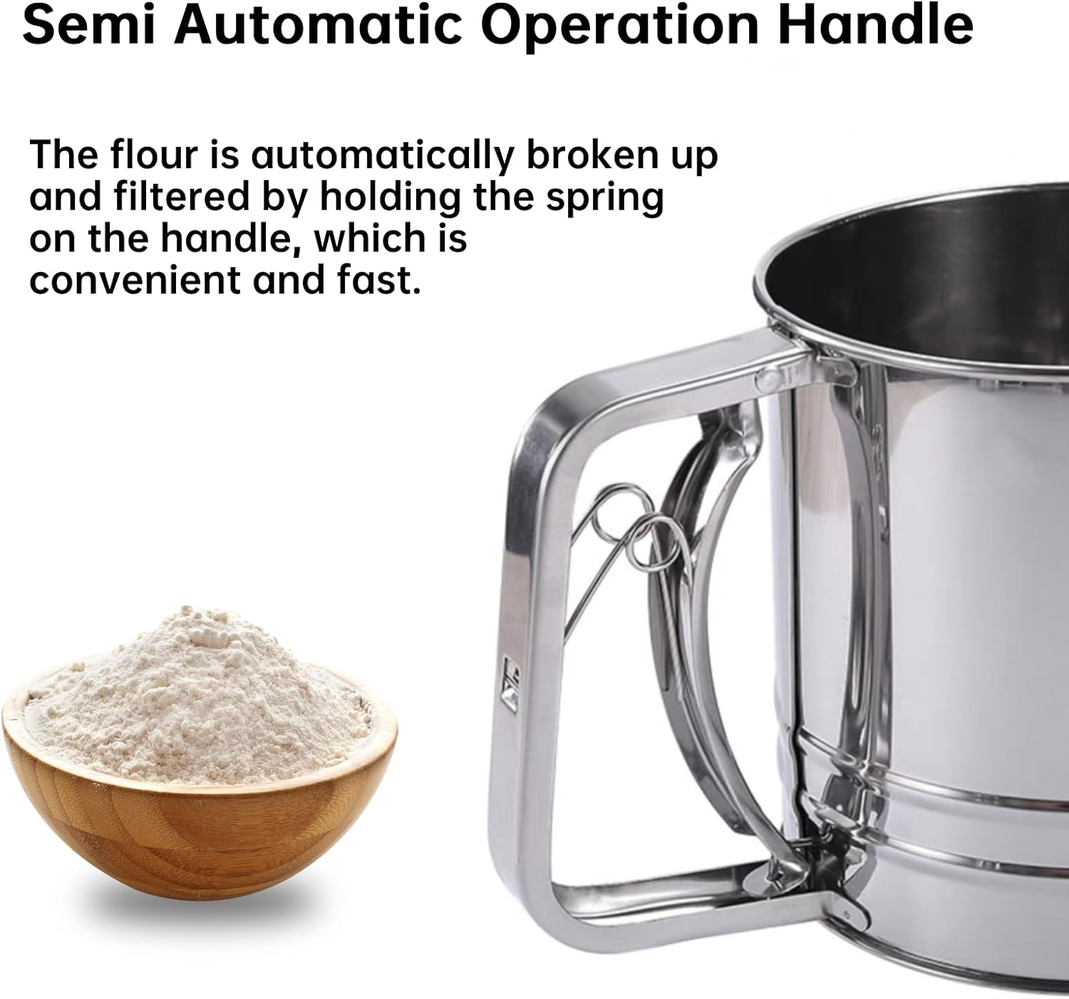 Manual Flour Sifter, Baking Sieve Flour Strainer, Stainless Steel Double Flour Sifter for All Baking Flours and Powdered Sugar Strainer (Silver) image number 5