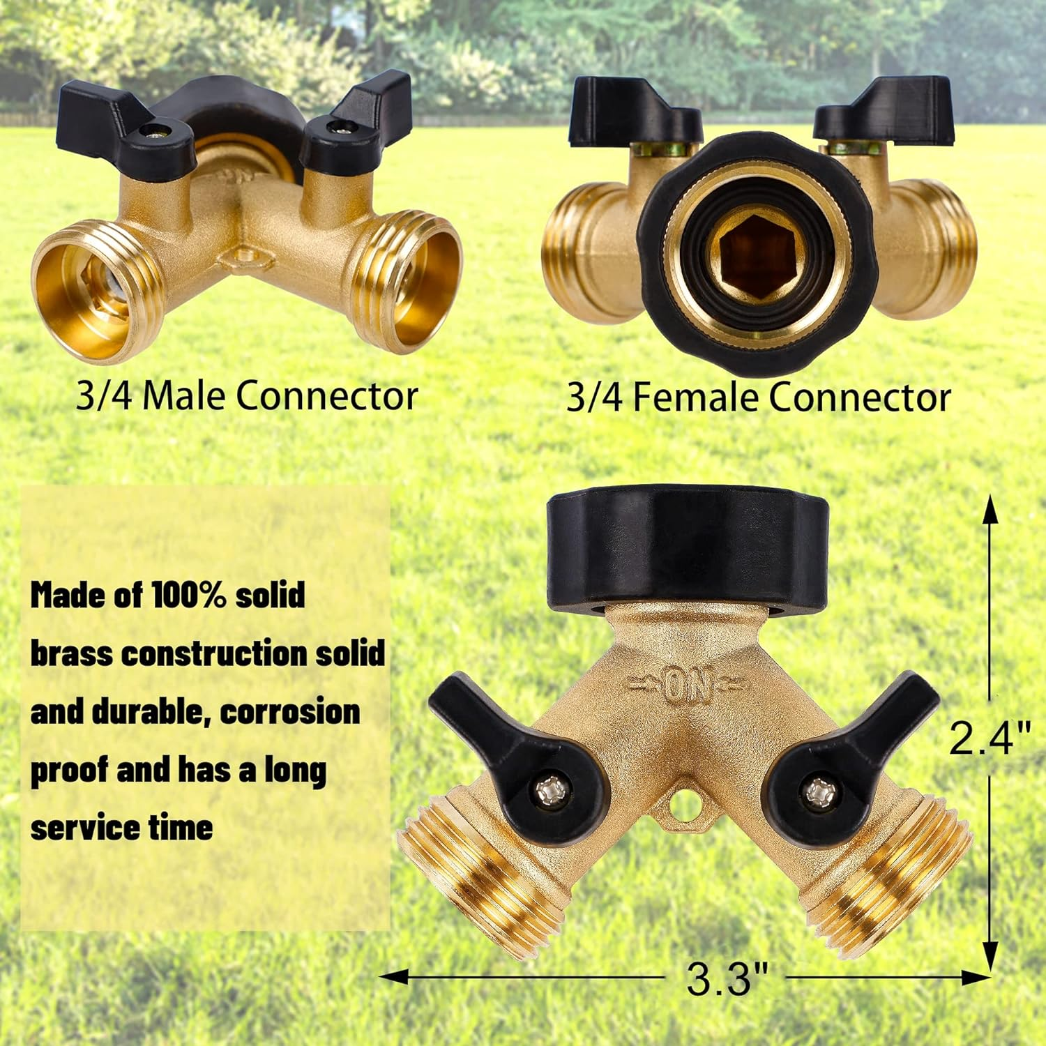 Biswing Garden Hose Splitter 2 Way, Heavy Duty Brass Connector Tap Splitter, Y Splitter 2 Valves with 2 Extra Rubber Washers image number 3