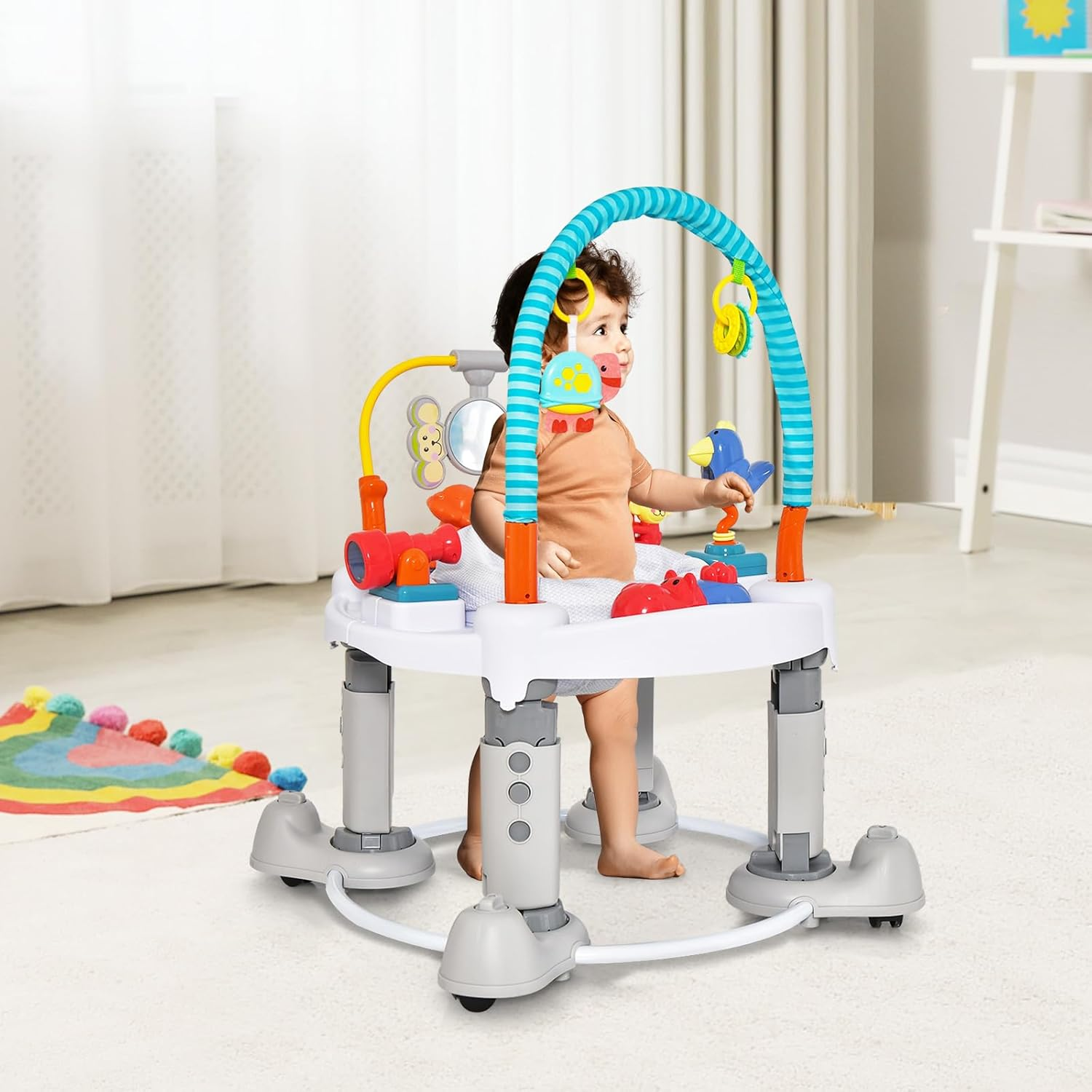 INFANS Baby Bouncer Activity Center, 5 in 1 Toddler Bouncing Activity Saucer Playtime Mat Activity Table with 360&deg;Rotating Seat, 3 Adjustable Height, Foldable Exersaucer Learning Walker (Light Grey) - Light Pink image number 2