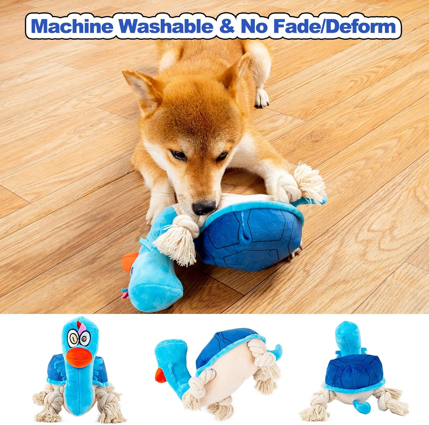 Adpartner Plush Squeaky Dog Toys, Stuffed Turtle Dog Toy for Small to Large Breeds, Sturdy Crinkle Dog Toys Interactive Tug of War Puppy Toy to Keep Them Busy