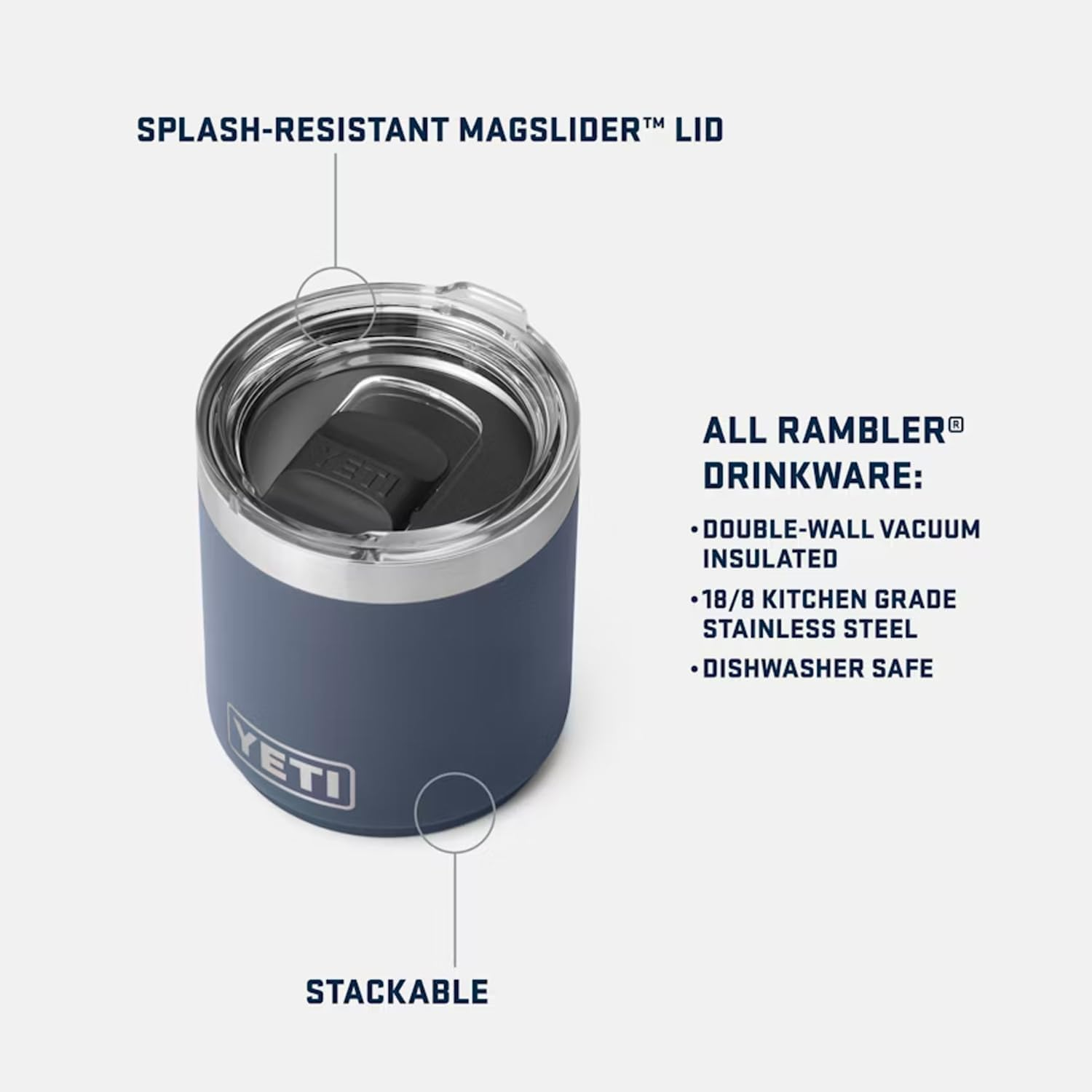 YETI Rambler 10 Oz Stackable Lowball 2.0, Vacuum Insulated, Stainless Steel with Magslider Lid, Navy image number 2