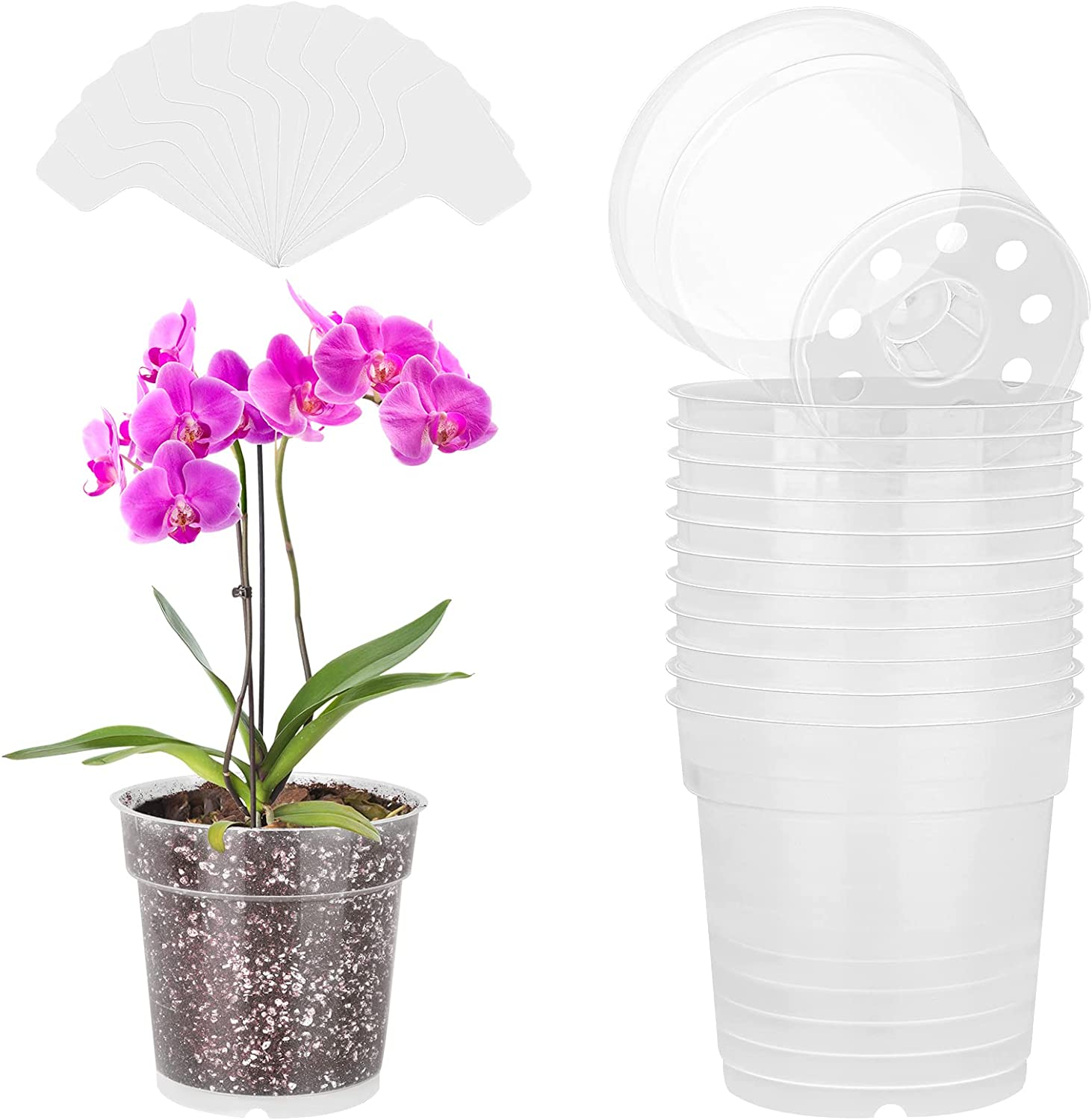Durony 12 Pack 4.5 Inches Clear Orchid Pots with Holes Flower Plant Pot Durable Plastic Planter with 12 Pieces Plant Labels Great Drainage for Seedlings Planting image number 2